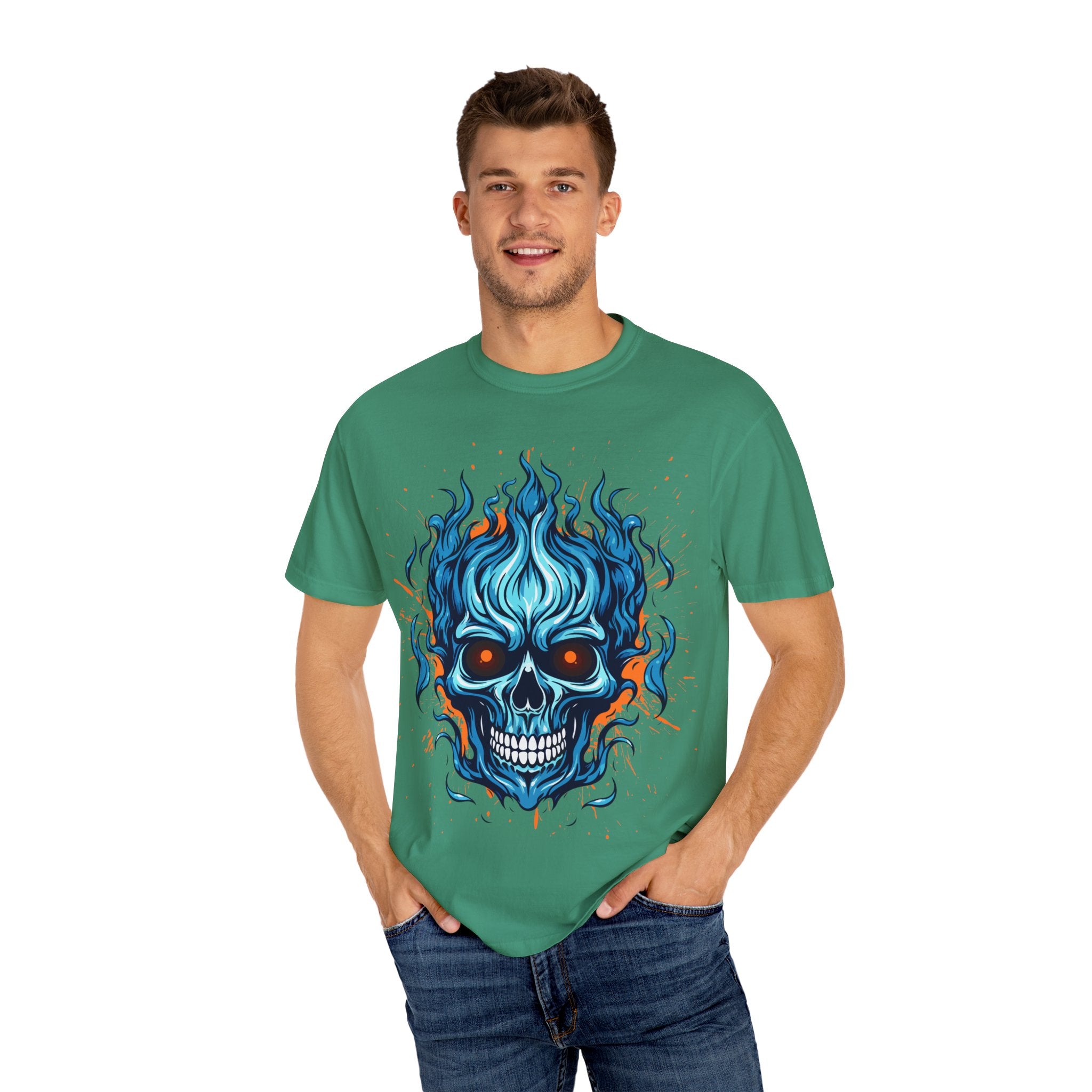 Flame Skull Graphic T-Shirt | Unisex Apparel for Rock Lovers, Halloween Costume, Edgy Style, Concert Fashion, Gift for Him/Her