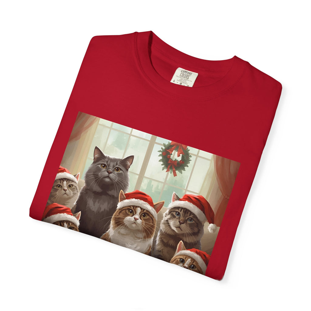 Cute Festive Funny Christmas Cat T-Shirt, Holiday Gift for Cat Lovers, Cute Tee for Winter, Unisex Garment-Dyed Shirt, Christmas Apparel, Festive Outfit