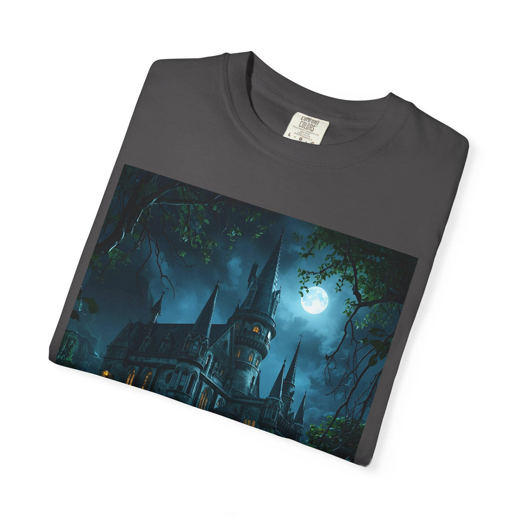 Mystical Night Scene Castle T-Shirt, Spooky Tees, Halloween Apparel, Gothic Style Shirt, Unisex Shirt, Nighttime Scene Tee