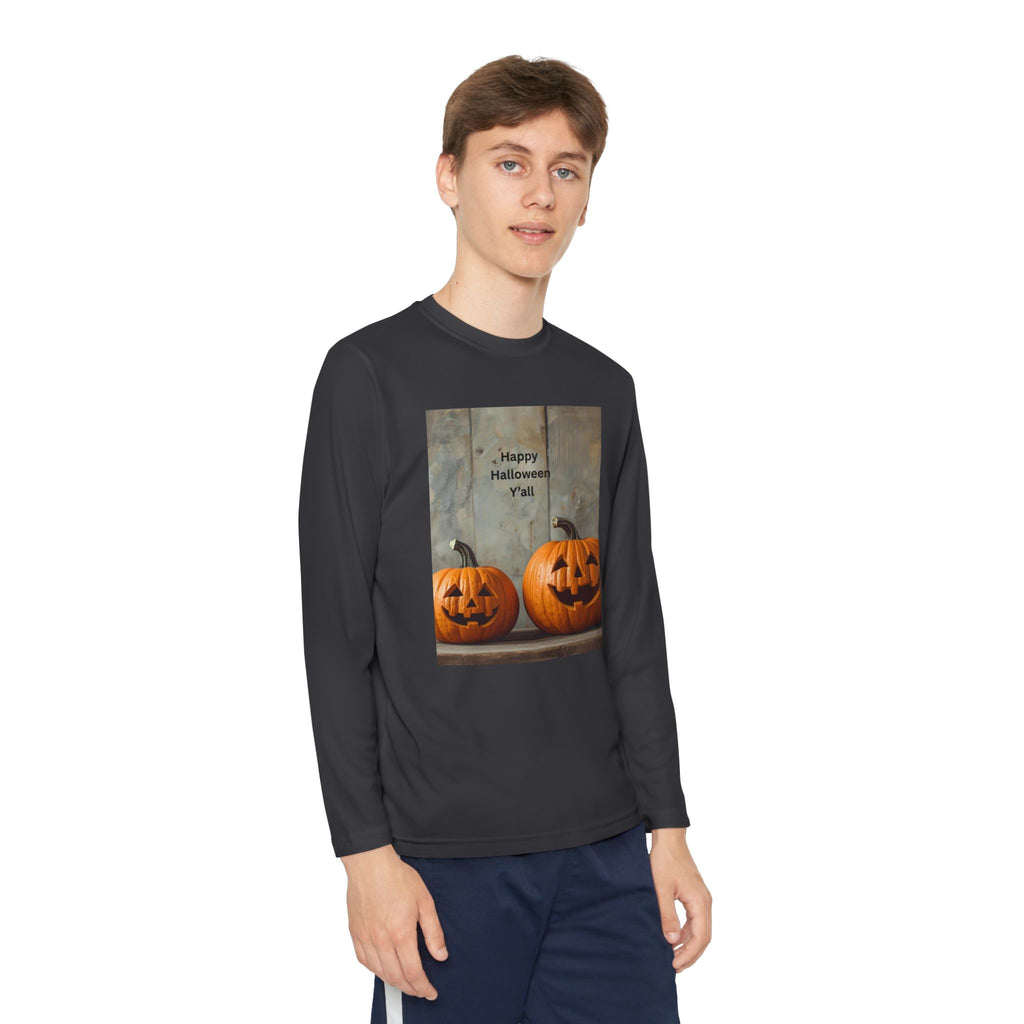 Youth Halloween Pumpkin Long Sleeve Tee, Funny Halloween Shirt, Kids Pumpkin Tee, Fall Celebration Top, Spooky Season Apparel