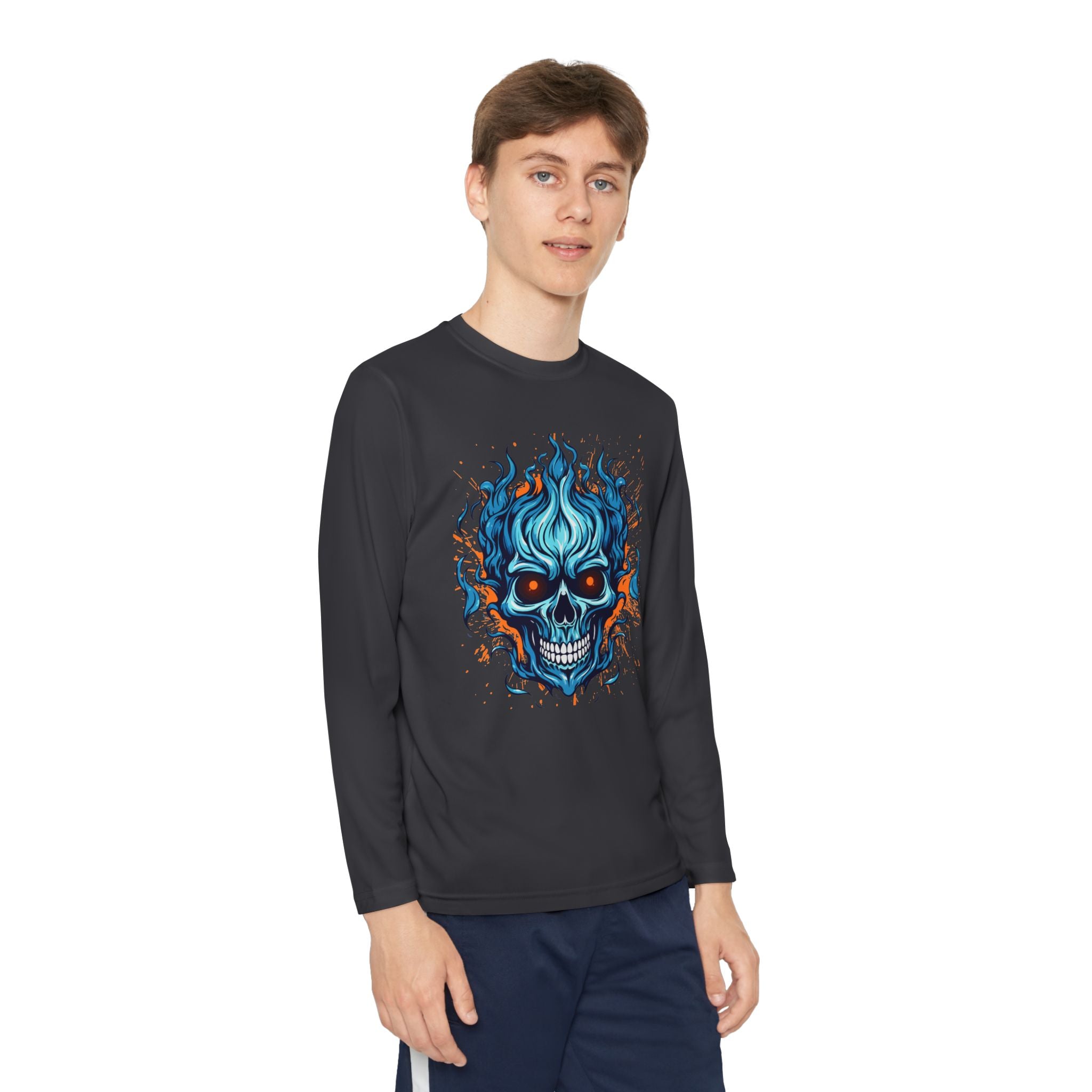 Skull Flame Youth Long Sleeve Skull Tee, Perfect for Halloween, Edgy Gift for Teens, Cozy Casual Wear, Skull Art Graphic Tee, Unique Birthday Present