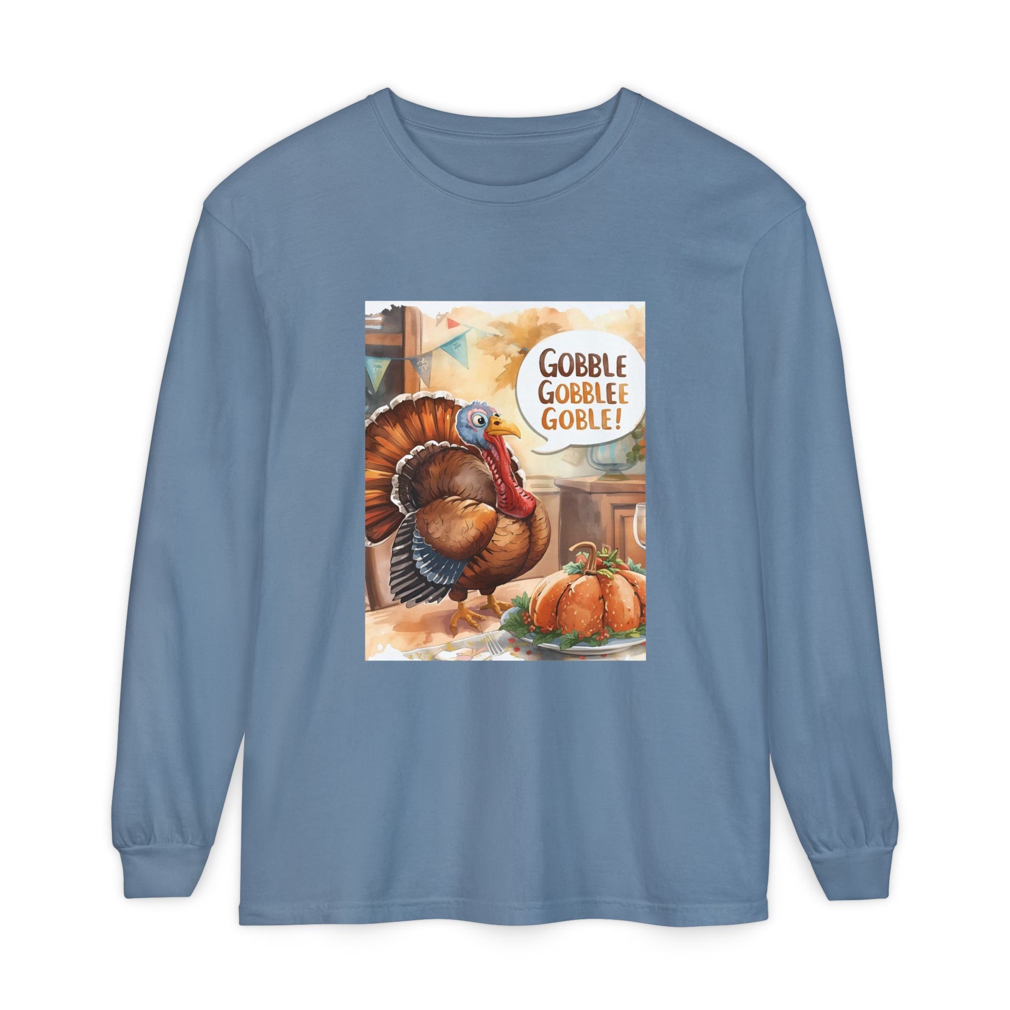 Thanksgiving Long Sleeve T-Shirt with Turkey Design, Fall Apparel, Holiday Gift, Family Gathering Shirt, Gobble Gobble Tee