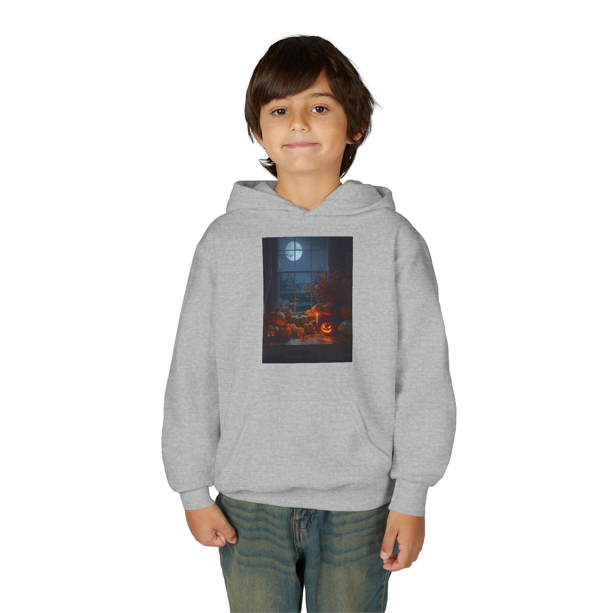 Halloween Pumpkin Youth Hoodie, Cozy Sweatshirt for Kids, Autumn & Halloween Apparel, Spooky Themed Hoodie, Fun Gift for Boys & Girls