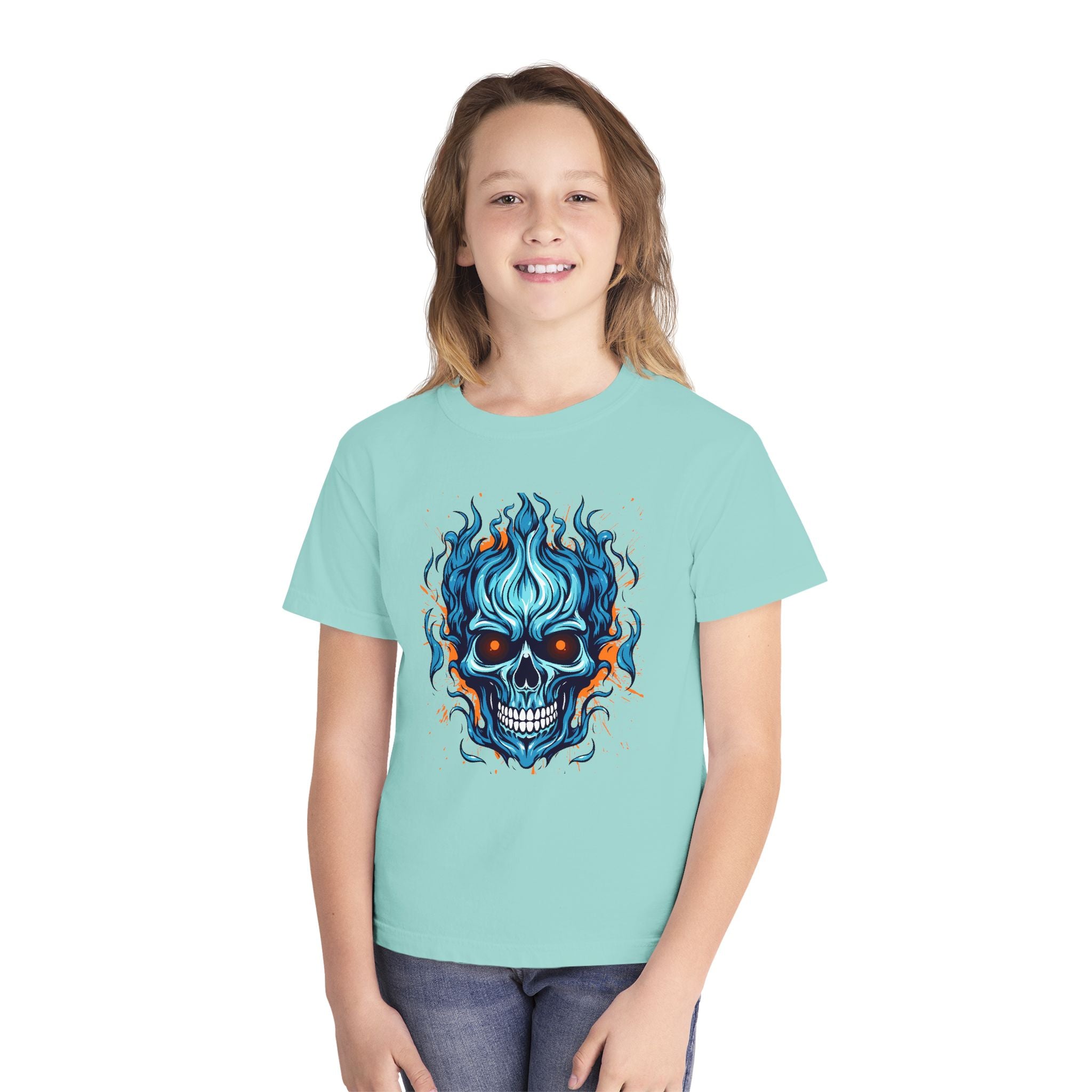 Skull Flame Youth Graphic Skull Tee, Cool Teen Fashion, Edgy Summer Wear, Halloween Costume, Unique Gift for Kids, Casual Everyday Style
