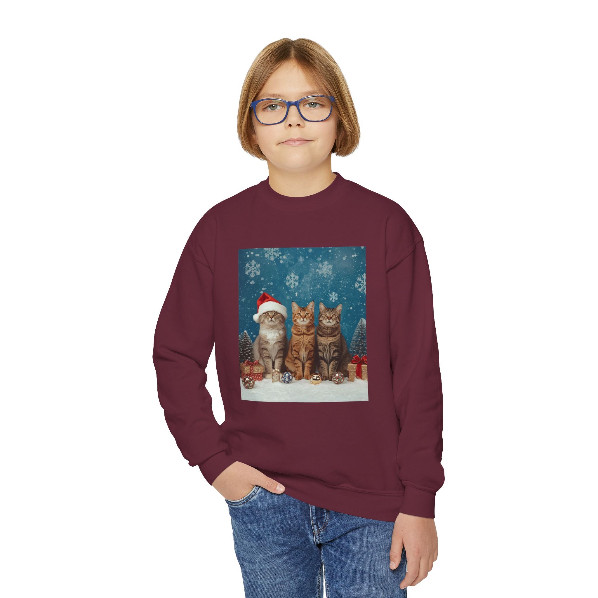 Cute Cat Festive Christmas Youth Crewneck Sweatshirt