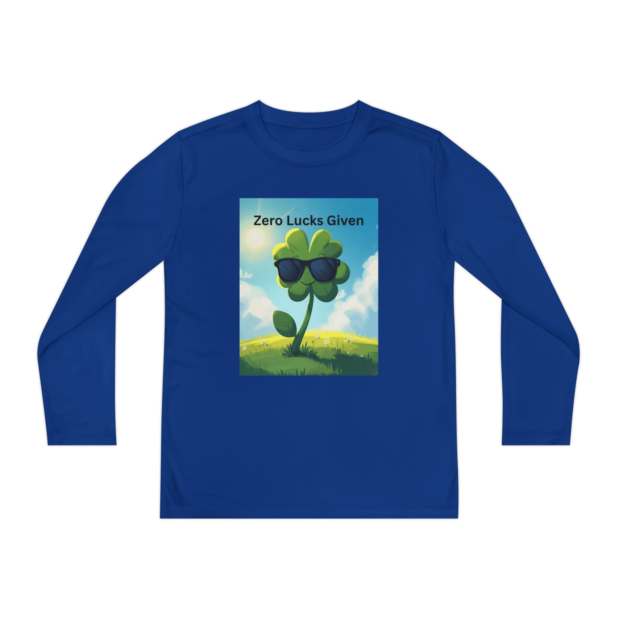 Zero Lucks Given Youth Long Sleeve Tee, Fun Graphic Shirt, Clover Print Top, Gift for Kids, Statement Tee, Birthday Gift