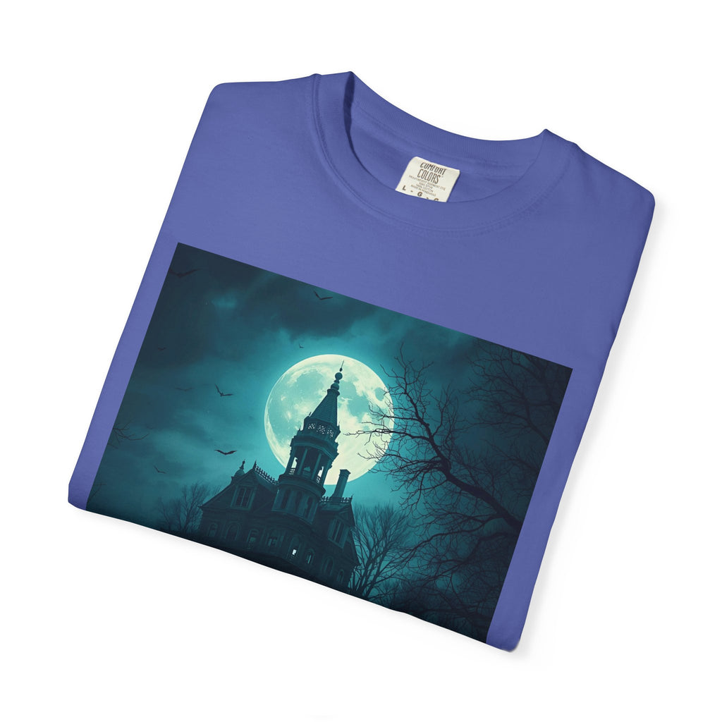 Haunted Moonlight Spooky Castle Graphic Tee | Unisex Garment-Dyed T-shirt, Halloween Shirt, Graphic Tee, Casual Wear, Gift for Ghost Lovers