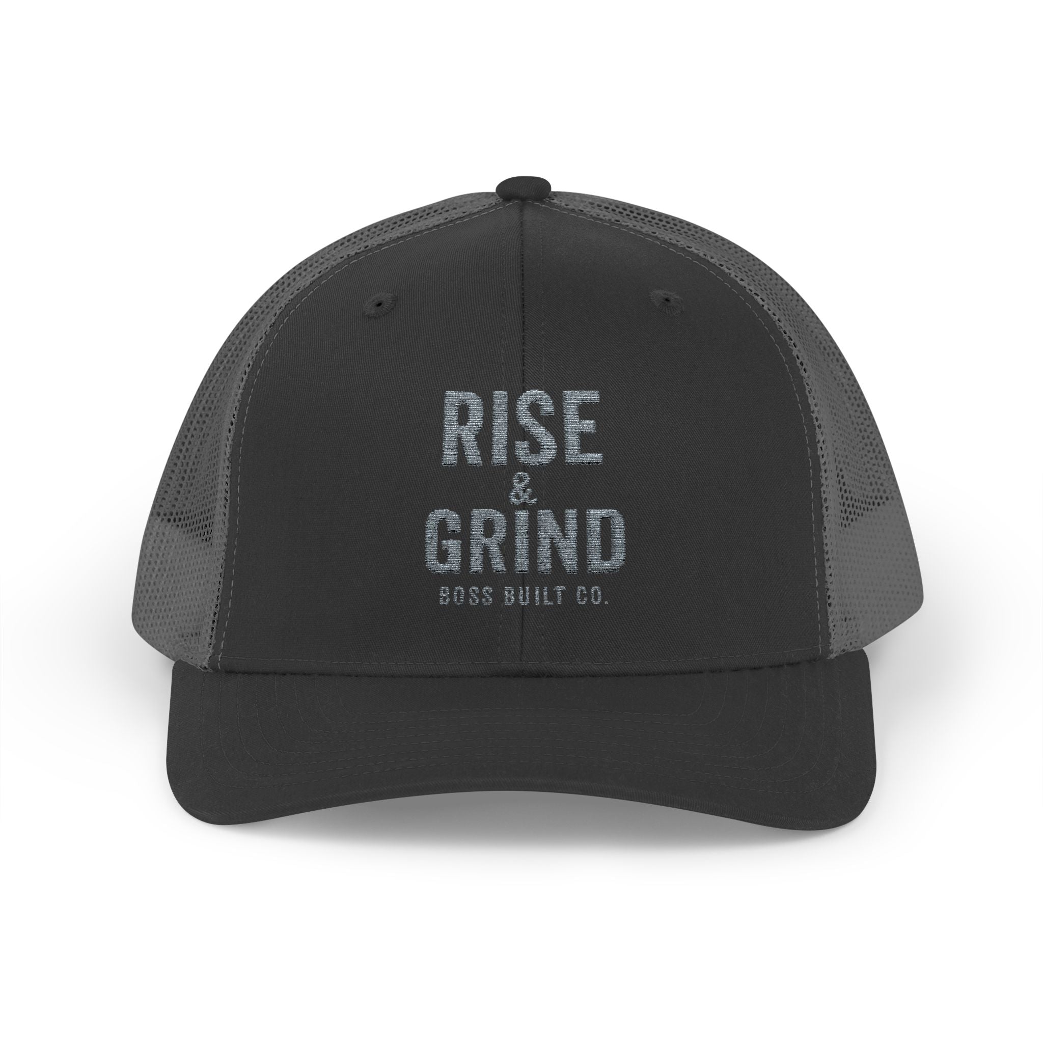 Boss Built Co Rise & Grind Snapback Trucker Cap — Motivational Embroidered Hat