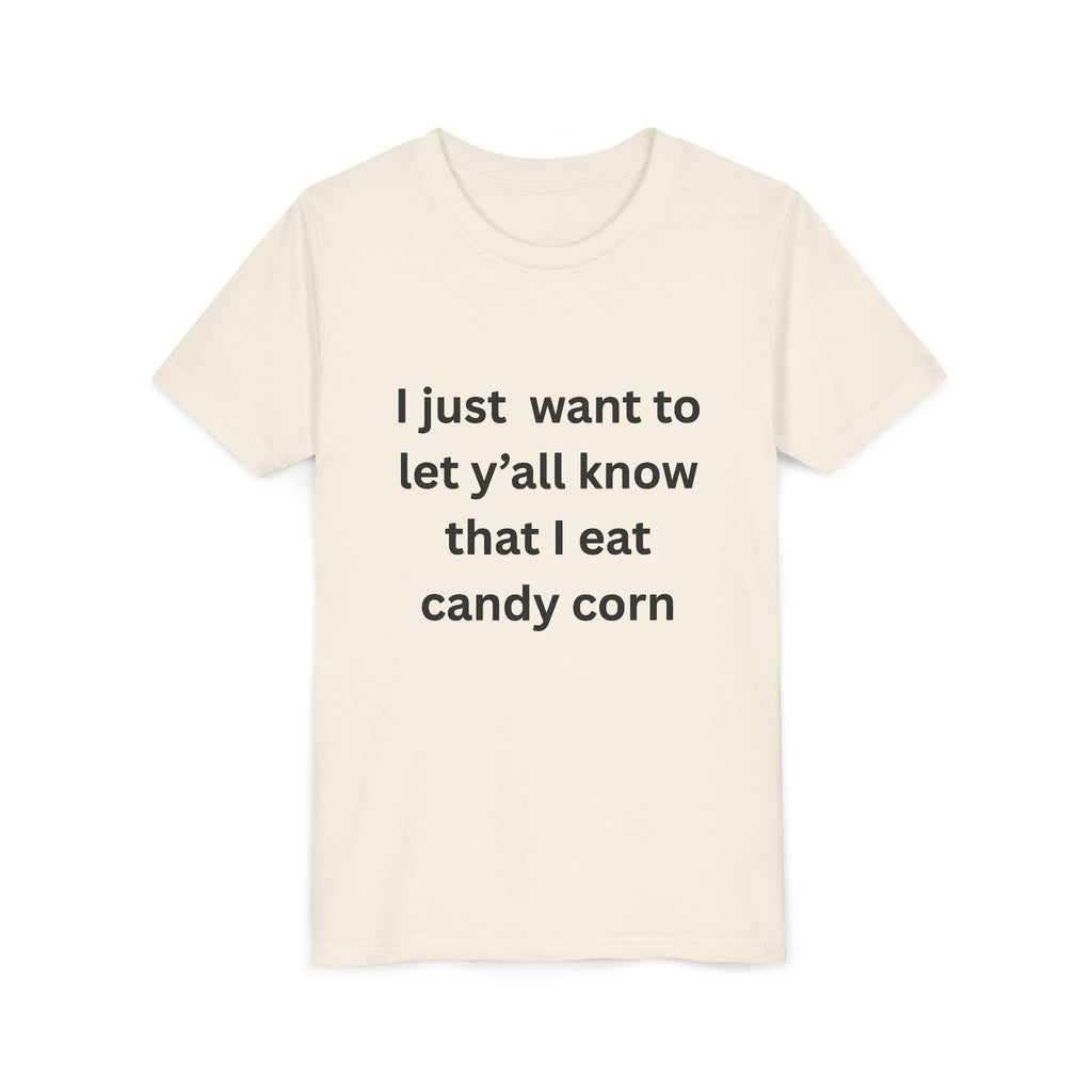I Eat Candy Corn Youth Candy Corn Tee, Fun Halloween Shirt, Cute Short Sleeve Tee, Youth Graphic Top, Fall Celebration Apparel, Trick or Treat Shirt