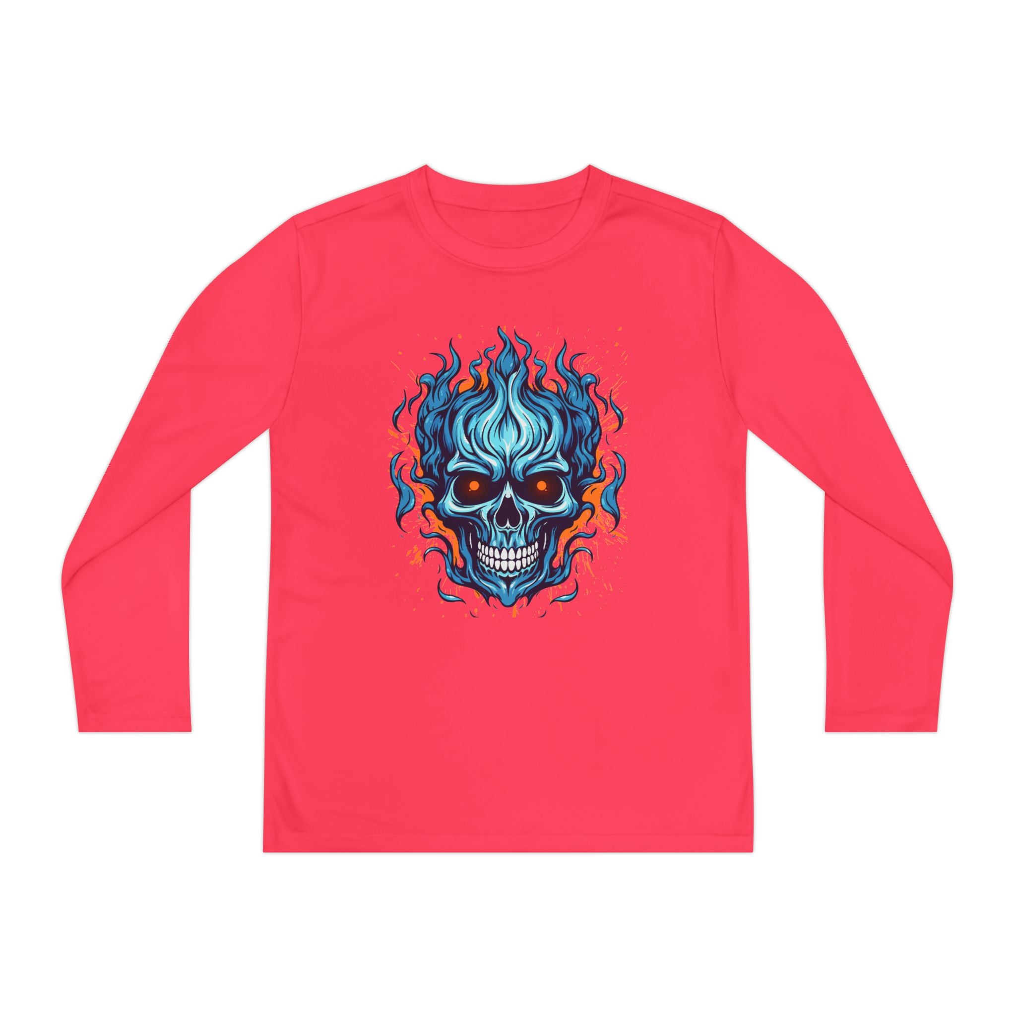 Skull Flame Youth Long Sleeve Skull Tee, Perfect for Halloween, Edgy Gift for Teens, Cozy Casual Wear, Skull Art Graphic Tee, Unique Birthday Present