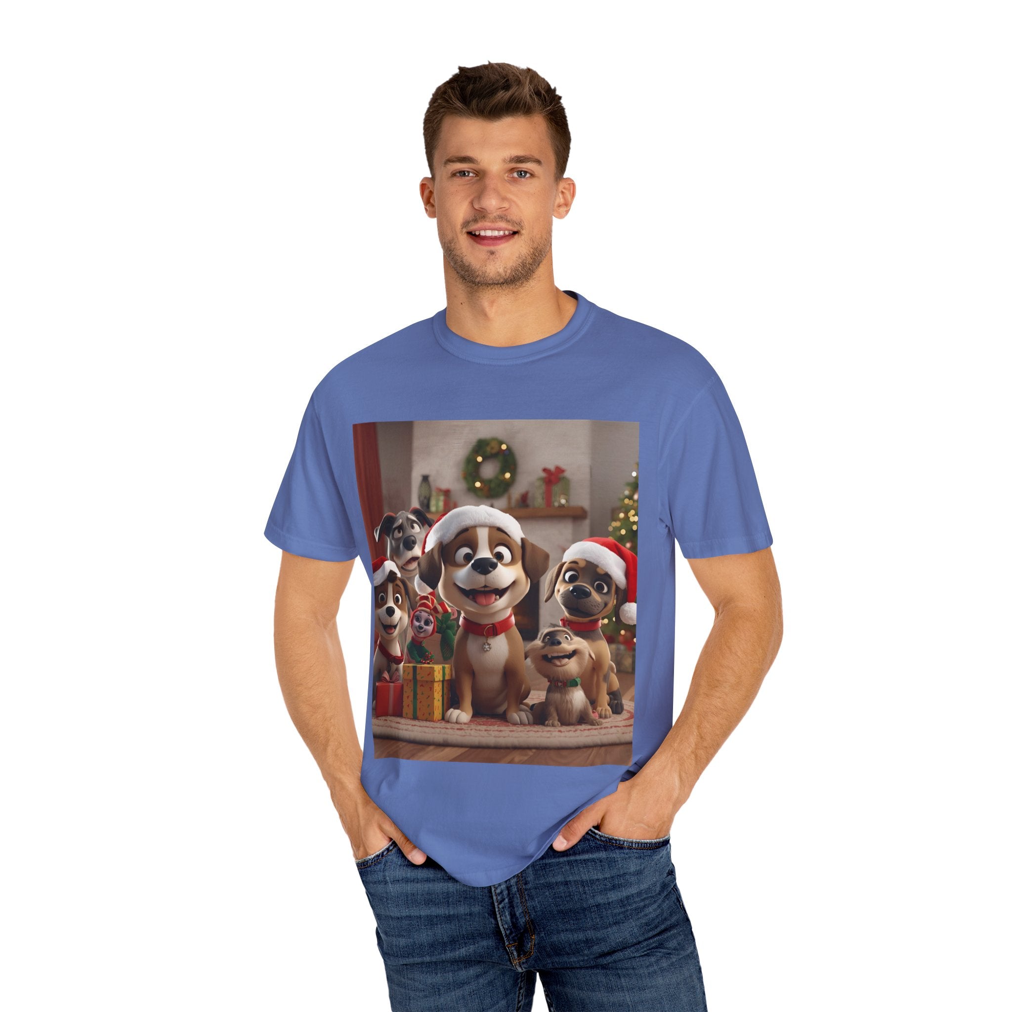 Cute Christmas Festive Dog Lovers T-Shirt | Unisex Garment-Dyed Tee for Dog Enthusiasts | Holiday Gift, Christmas Apparel, Pet Lover Shirt