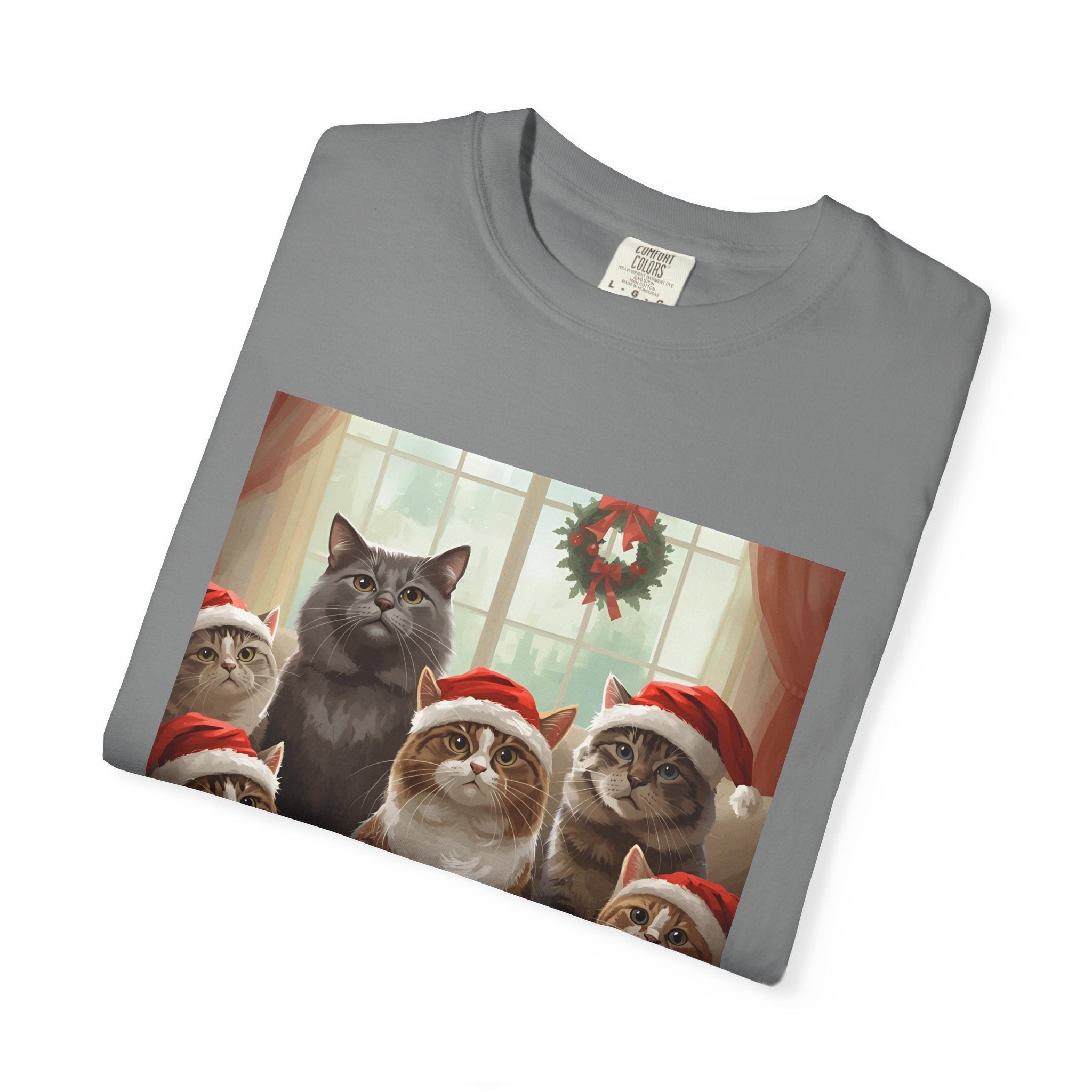 Cute Festive Funny Christmas Cat T-Shirt, Holiday Gift for Cat Lovers, Cute Tee for Winter, Unisex Garment-Dyed Shirt, Christmas Apparel, Festive Outfit