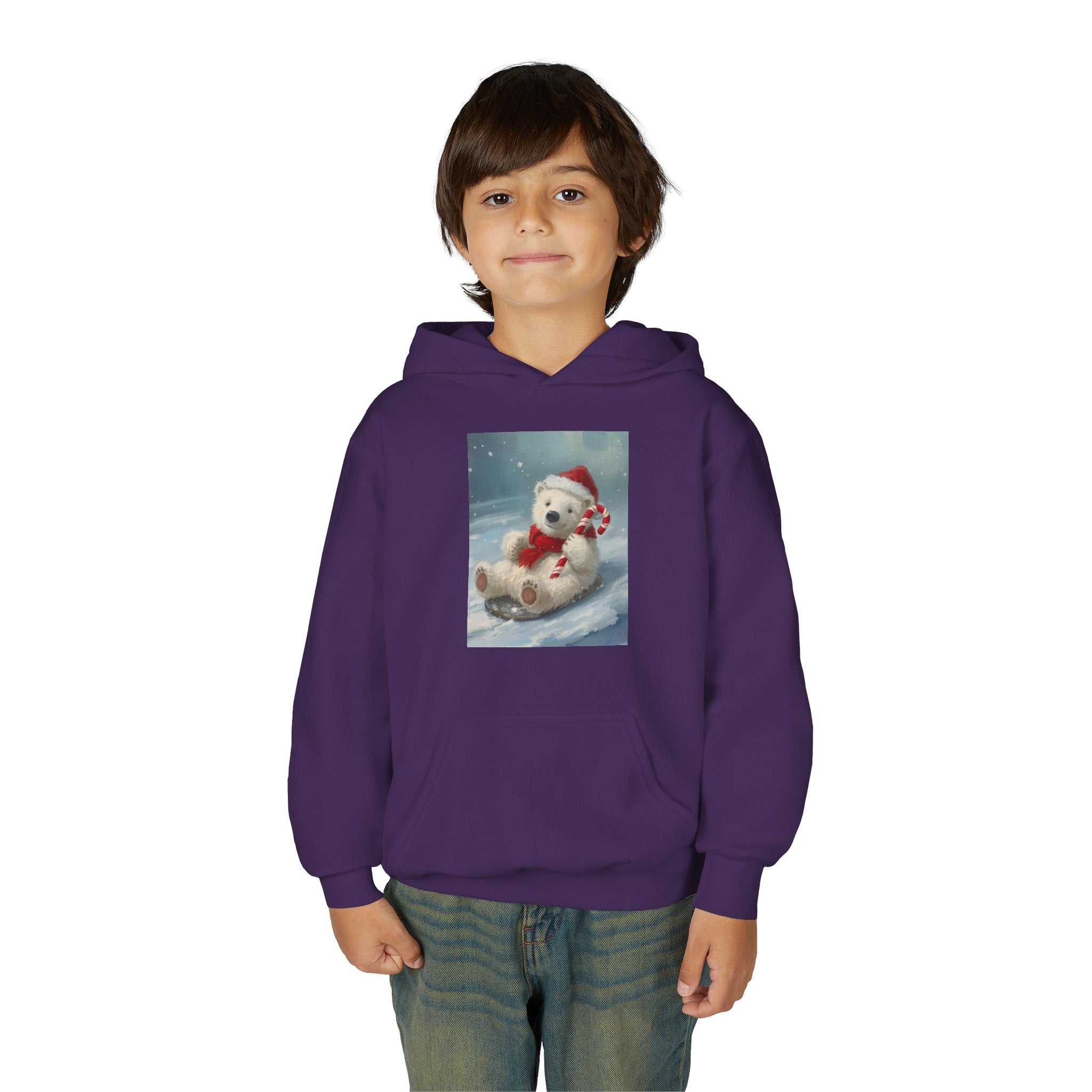 Cozy Christmas Bear Youth Hooded Sweatshirt, Winter Hoodie, Holiday Gift, Cute Sweatshirt for Kids, Festive Apparel
