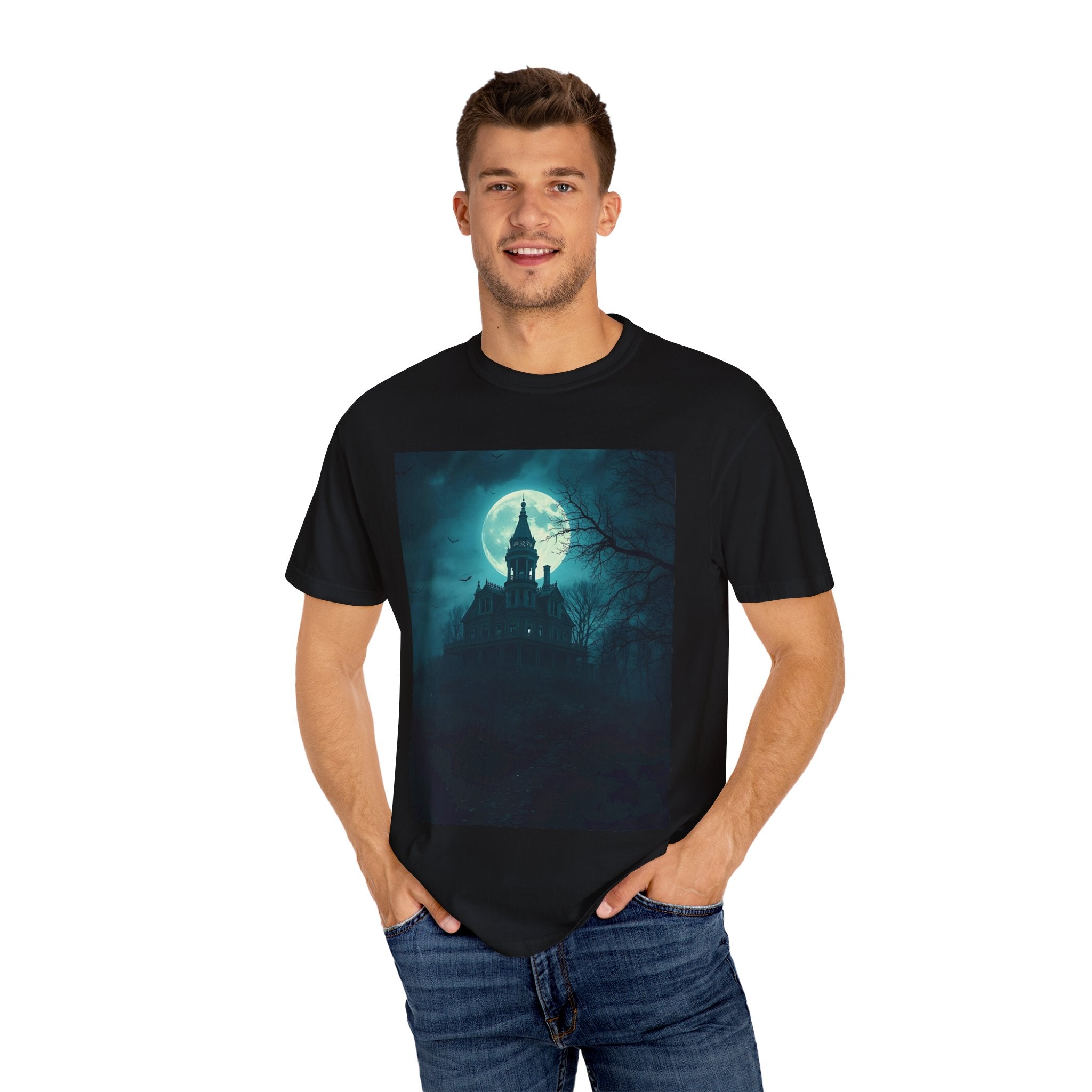 Haunted Moonlit Castle Unisex T-shirt, Gothic Tee, Halloween Apparel, Vintage Style Shirt, Alternative Fashion, Spooky Gift