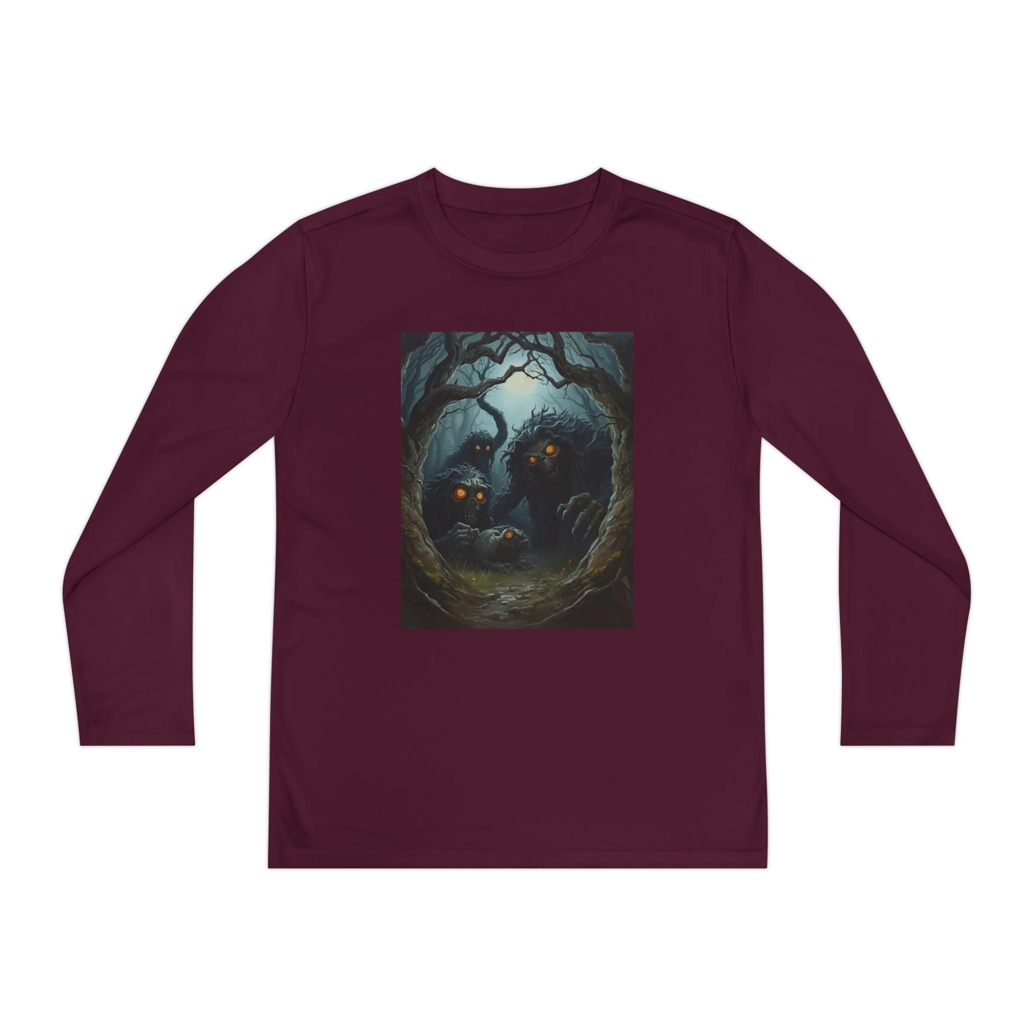 Spooky Forest Creatures Youth Long Sleeve Tee with Enchanted Forest Design, Comfortable Unisex T-Shirt for All Seasons, Perfect for Halloween and Nature Lovers