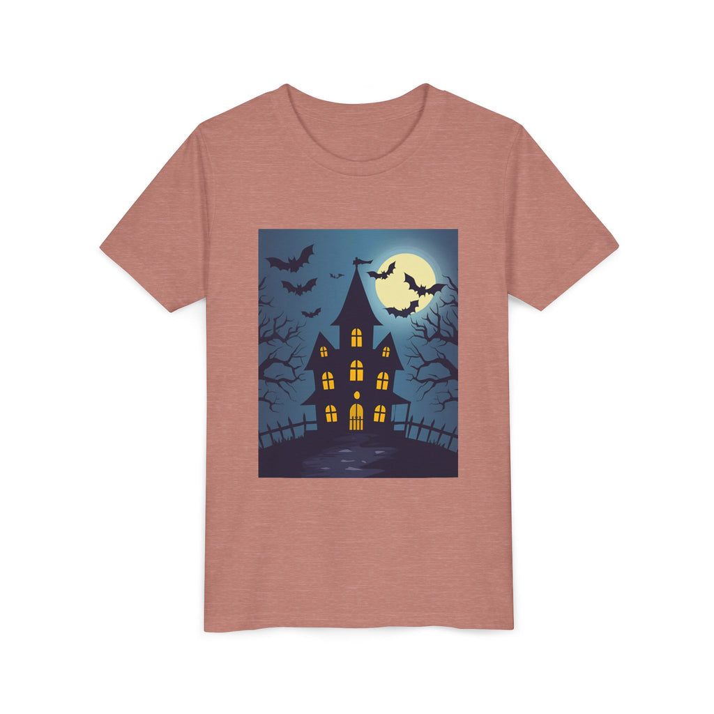 Spooky Halloween Haunted House Youth Tee, Kids Ghost T-Shirt, Haunted House Apparel, Bat Design Shirt, Trick or Treat Clothing