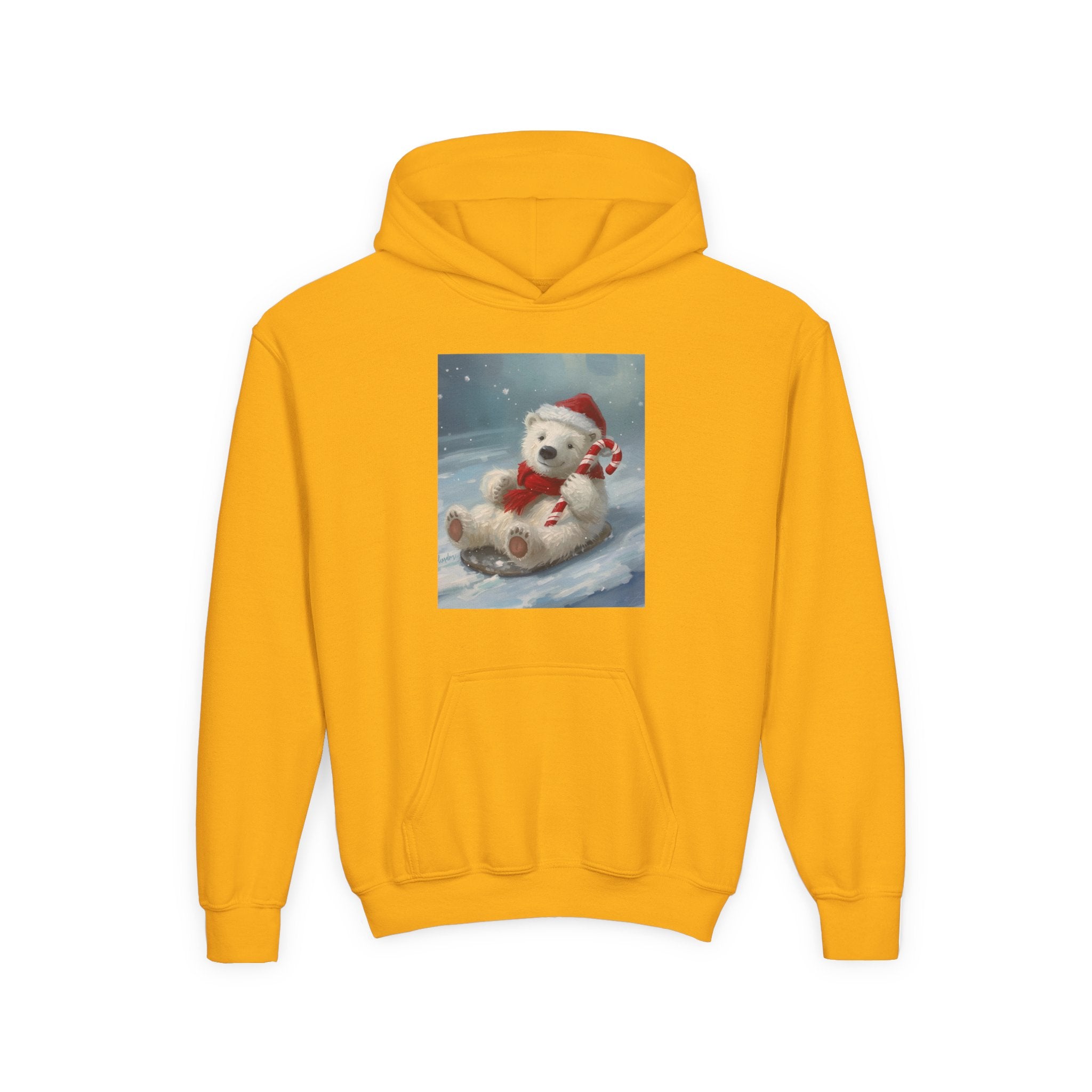 Cozy Christmas Bear Youth Hooded Sweatshirt, Winter Hoodie, Holiday Gift, Cute Sweatshirt for Kids, Festive Apparel