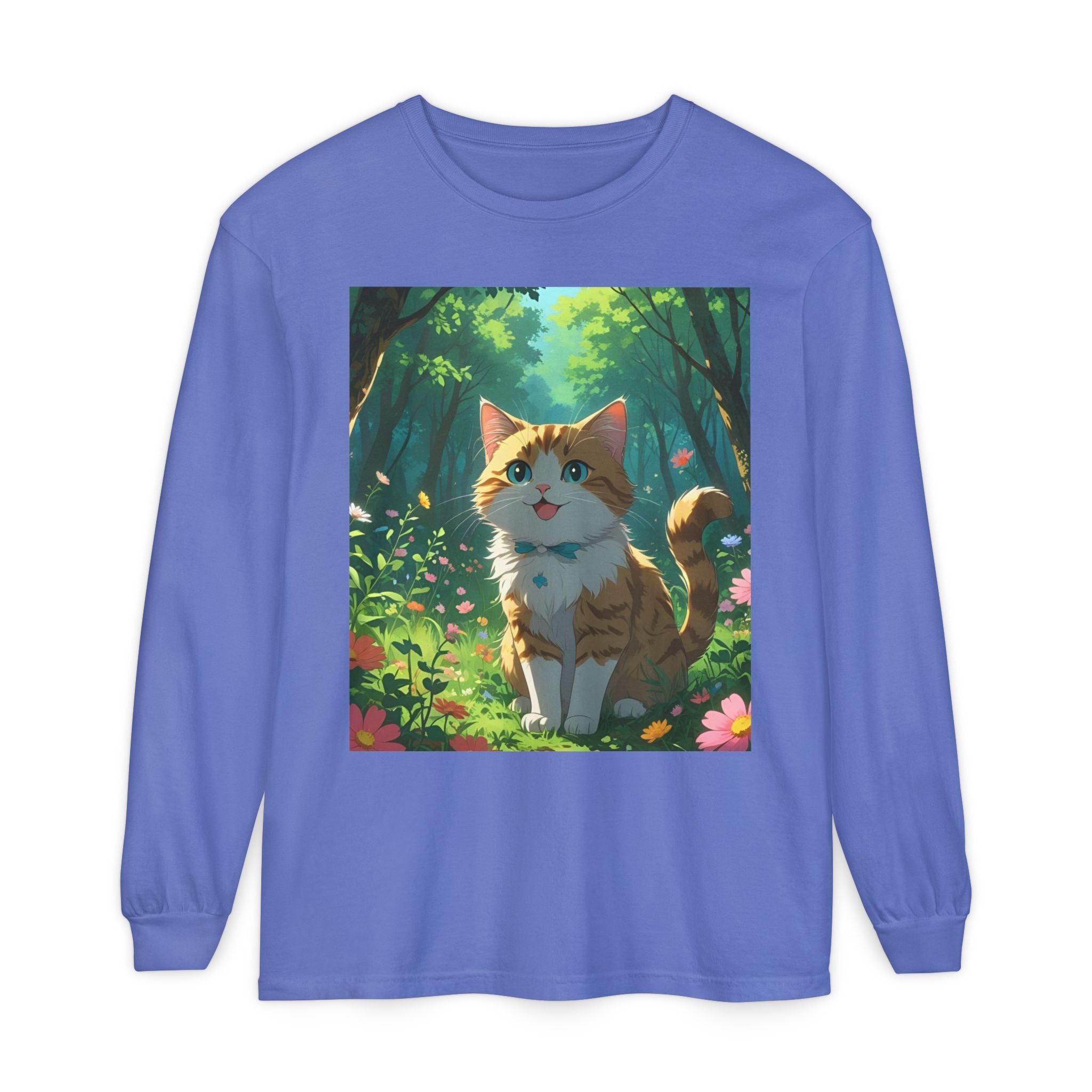 Whimsical Cat In Forest Long Sleeve T-Shirt - Perfect for Cat Lovers, Nature Enthusiasts, Gifts, Cozy Wear, Everyday Style