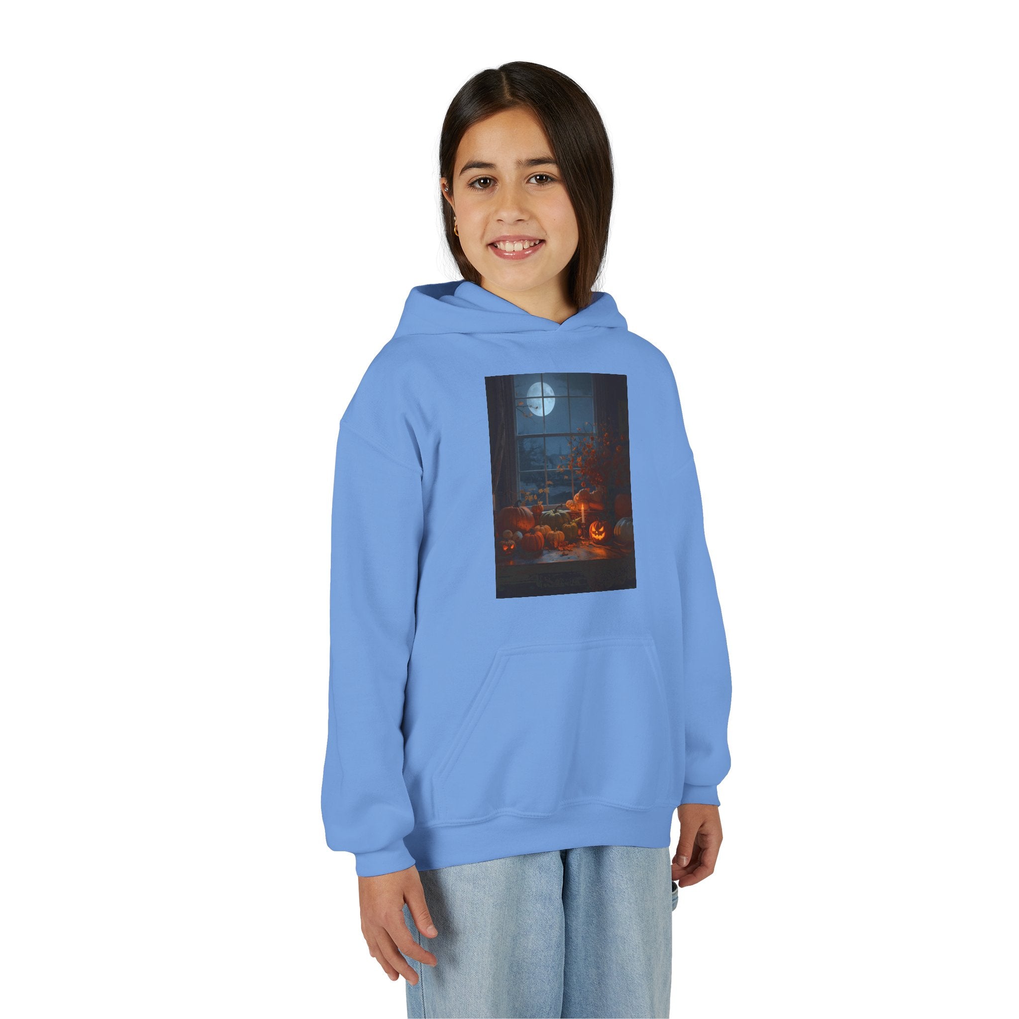 Halloween Pumpkin Youth Hoodie, Cozy Sweatshirt for Kids, Autumn & Halloween Apparel, Spooky Themed Hoodie, Fun Gift for Boys & Girls