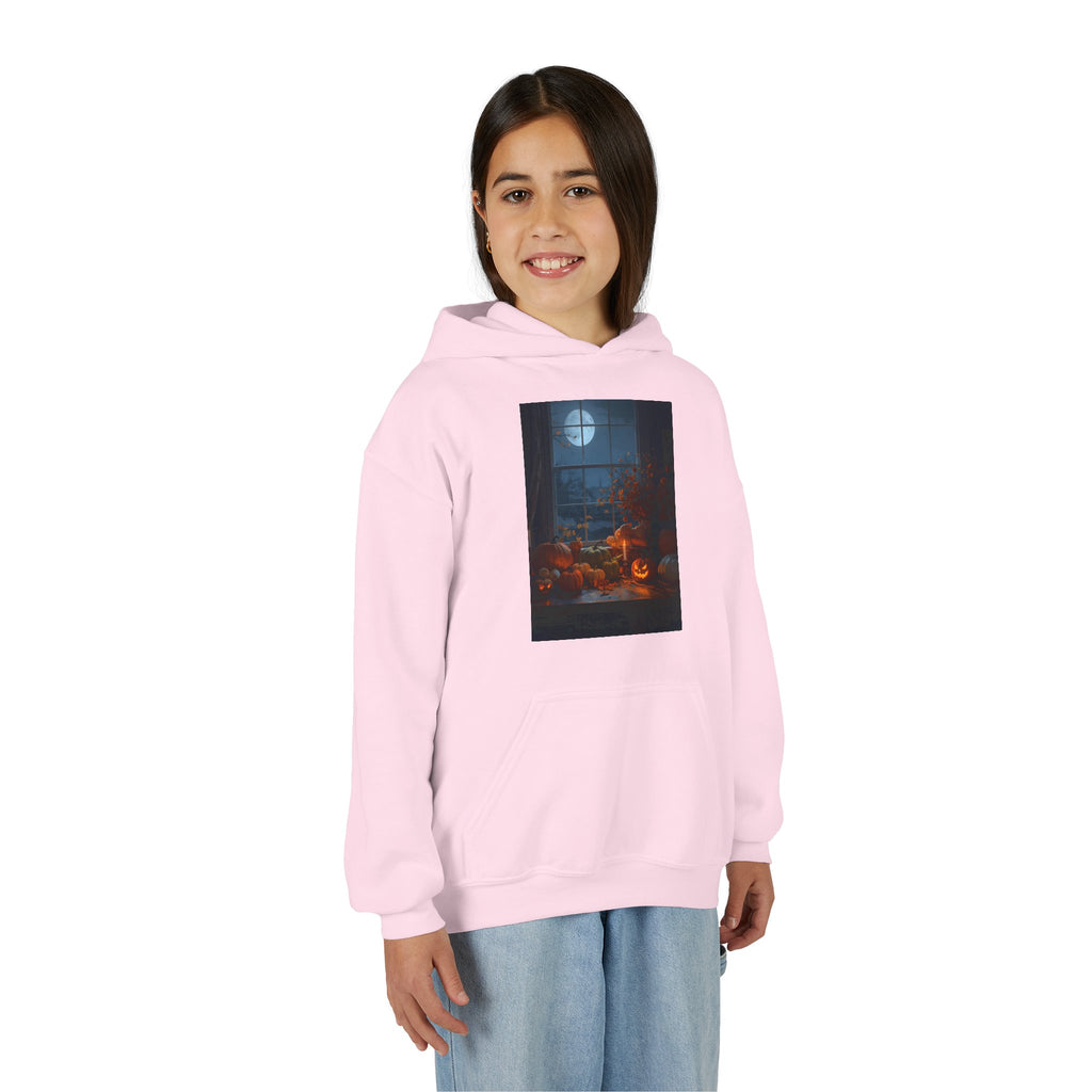 Halloween Pumpkin Youth Hoodie, Cozy Sweatshirt for Kids, Autumn & Halloween Apparel, Spooky Themed Hoodie, Fun Gift for Boys & Girls