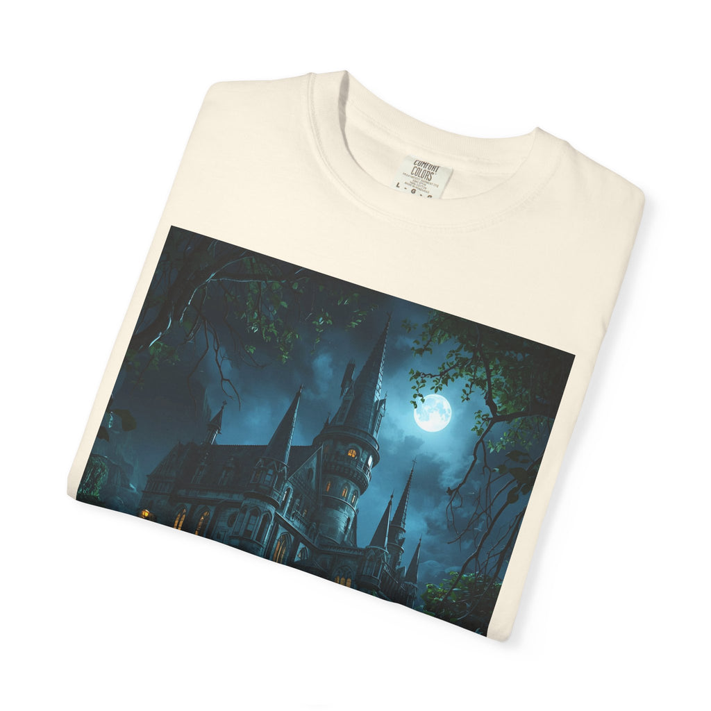 Mystical Night Scene Castle T-Shirt, Spooky Tees, Halloween Apparel, Gothic Style Shirt, Unisex Shirt, Nighttime Scene Tee