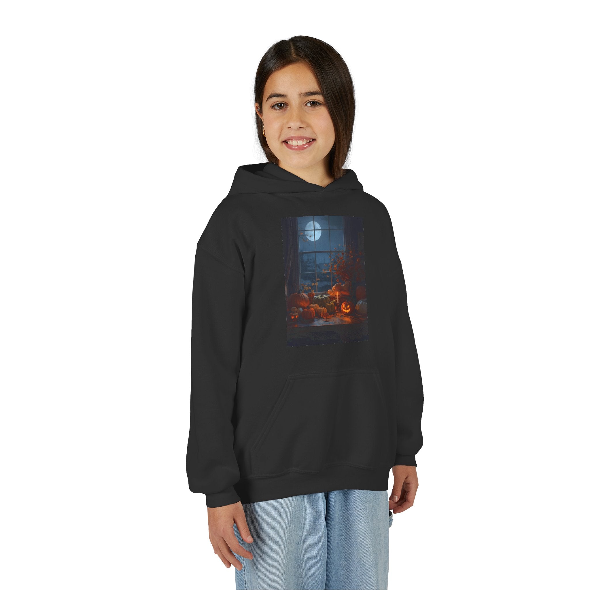 Halloween Pumpkin Youth Hoodie, Cozy Sweatshirt for Kids, Autumn & Halloween Apparel, Spooky Themed Hoodie, Fun Gift for Boys & Girls