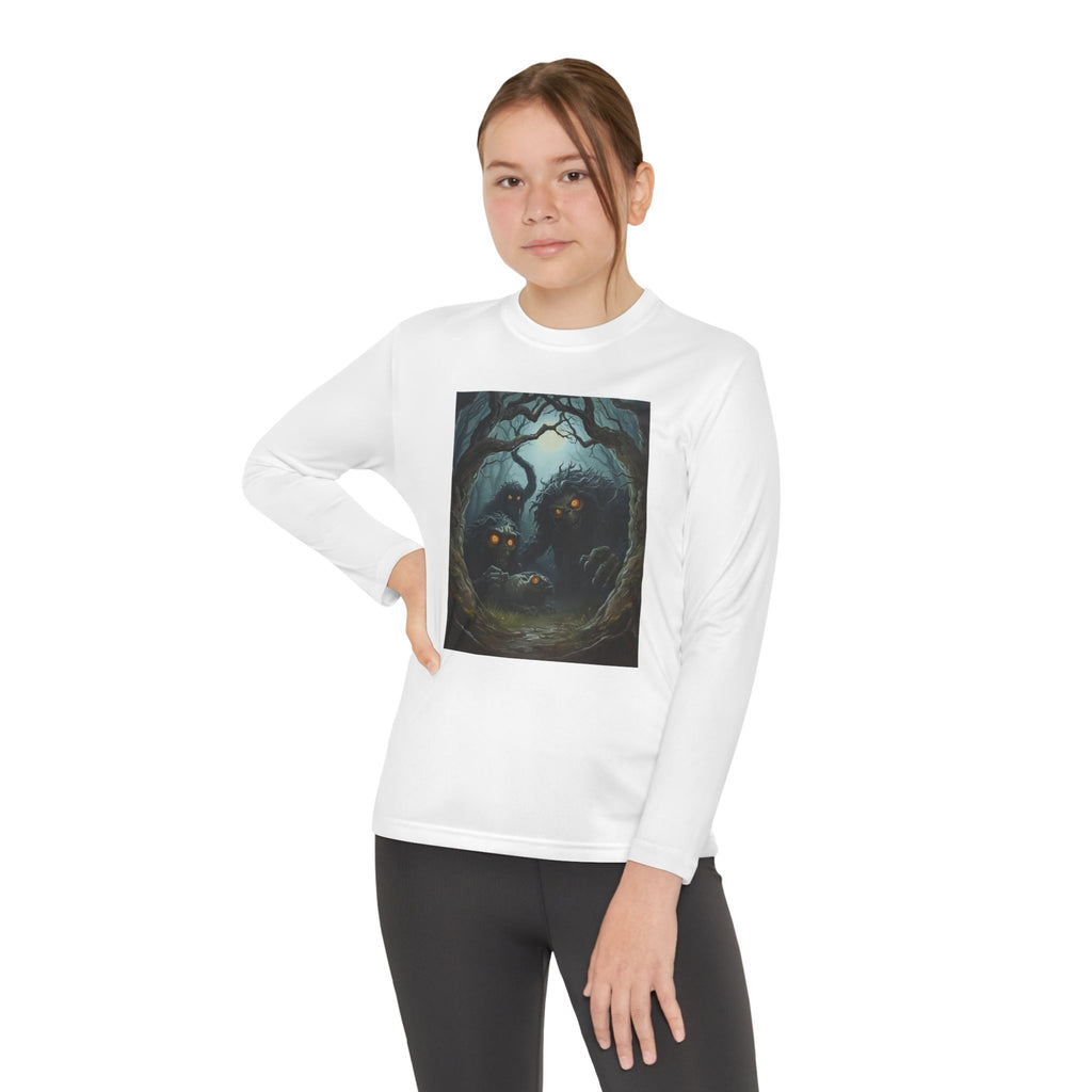 Spooky Forest Creatures Youth Long Sleeve Tee with Enchanted Forest Design, Comfortable Unisex T-Shirt for All Seasons, Perfect for Halloween and Nature Lovers