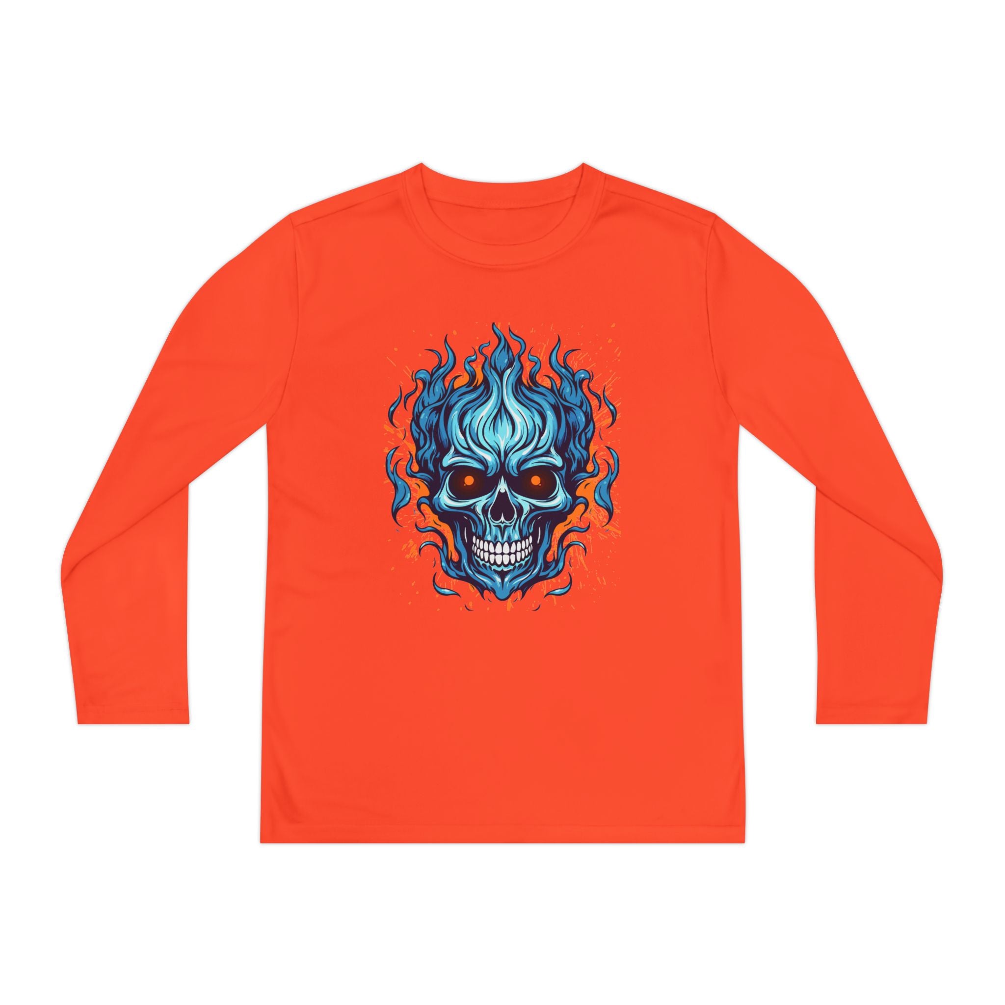 Skull Flame Youth Long Sleeve Skull Tee, Perfect for Halloween, Edgy Gift for Teens, Cozy Casual Wear, Skull Art Graphic Tee, Unique Birthday Present