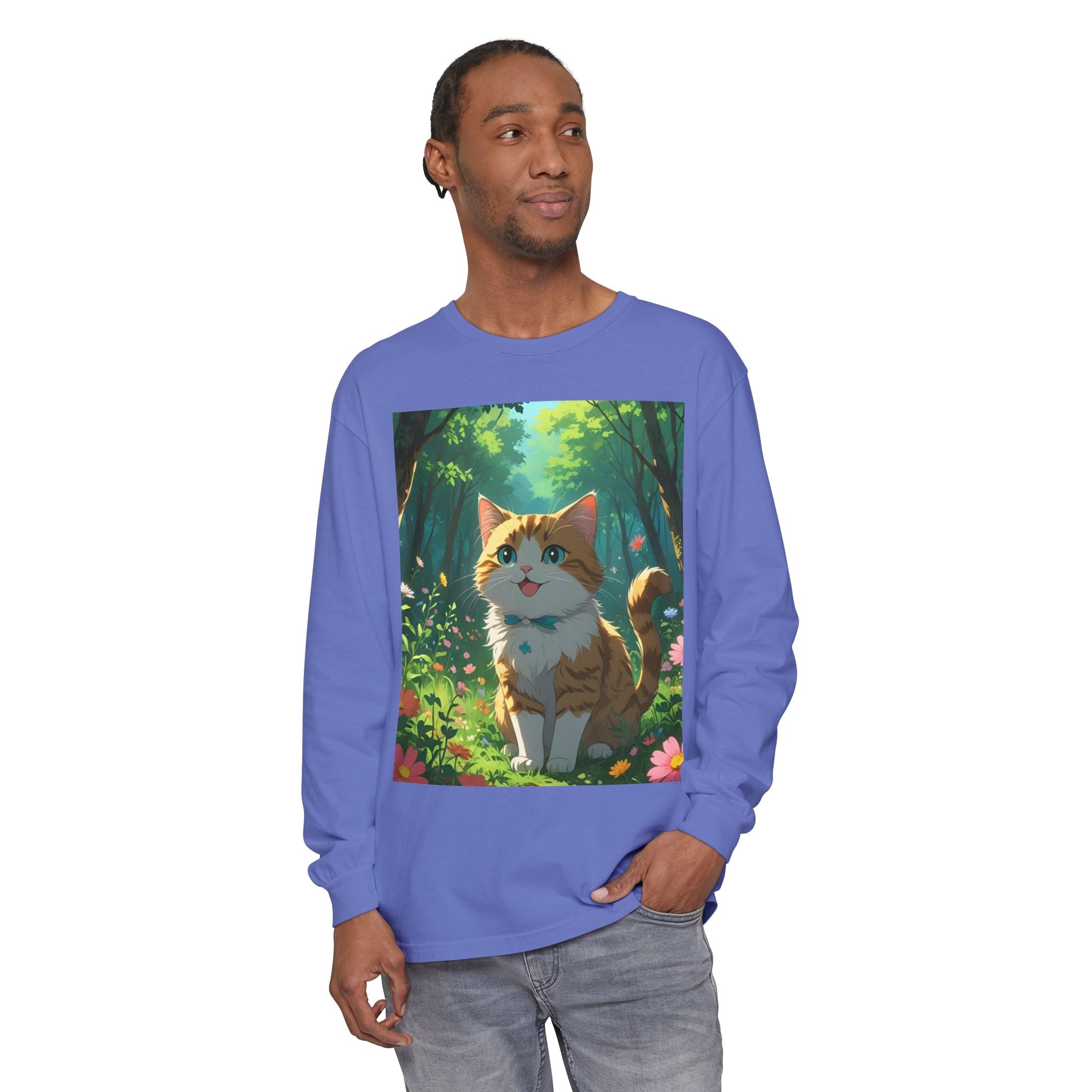Whimsical Cat In Forest Long Sleeve T-Shirt - Perfect for Cat Lovers, Nature Enthusiasts, Gifts, Cozy Wear, Everyday Style