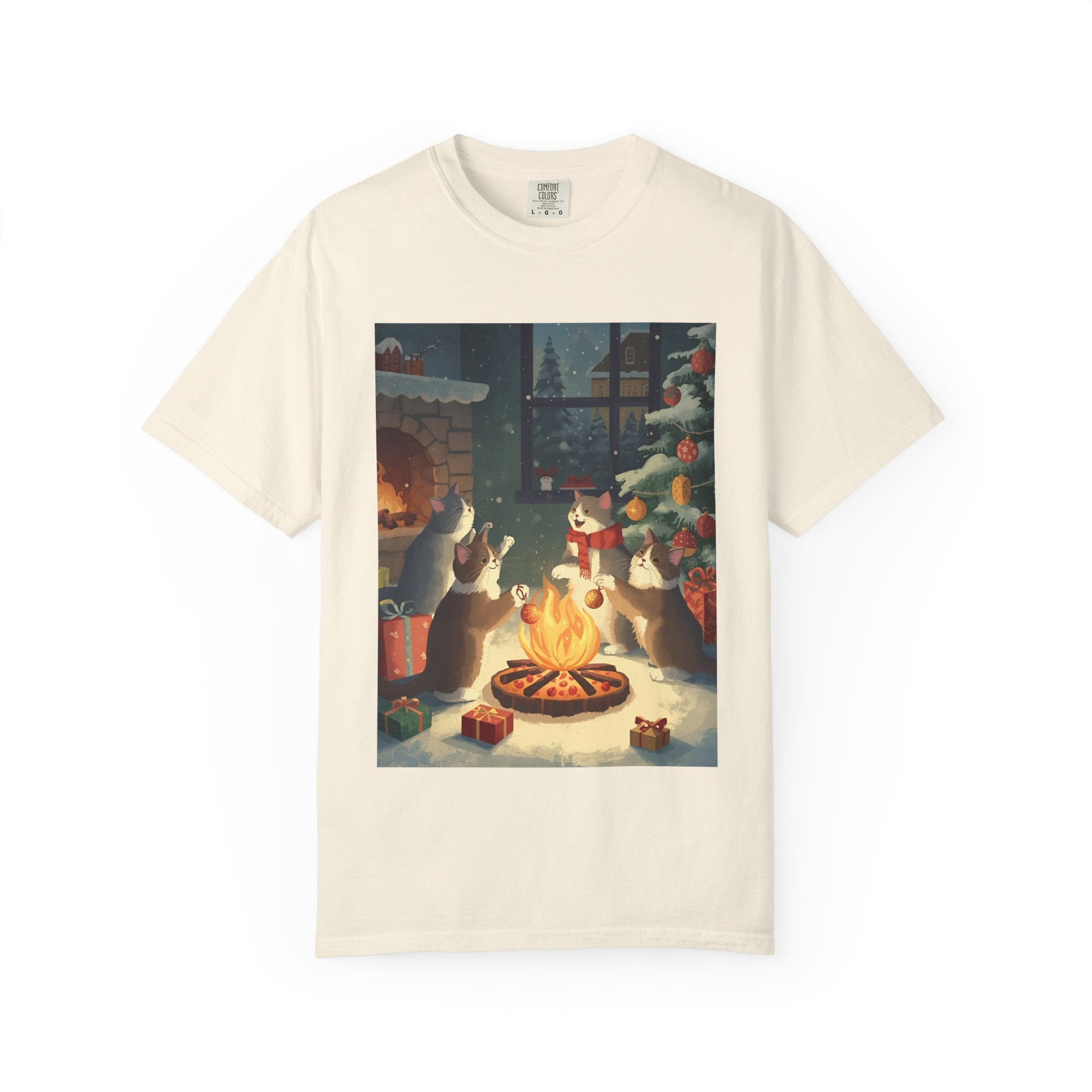 Cozy Winter Cat T-shirt, Unisex Garment-Dyed Shirt, Holiday Gift, Christmas Apparel, Cat Lover Tee, Festive Casual Wear
