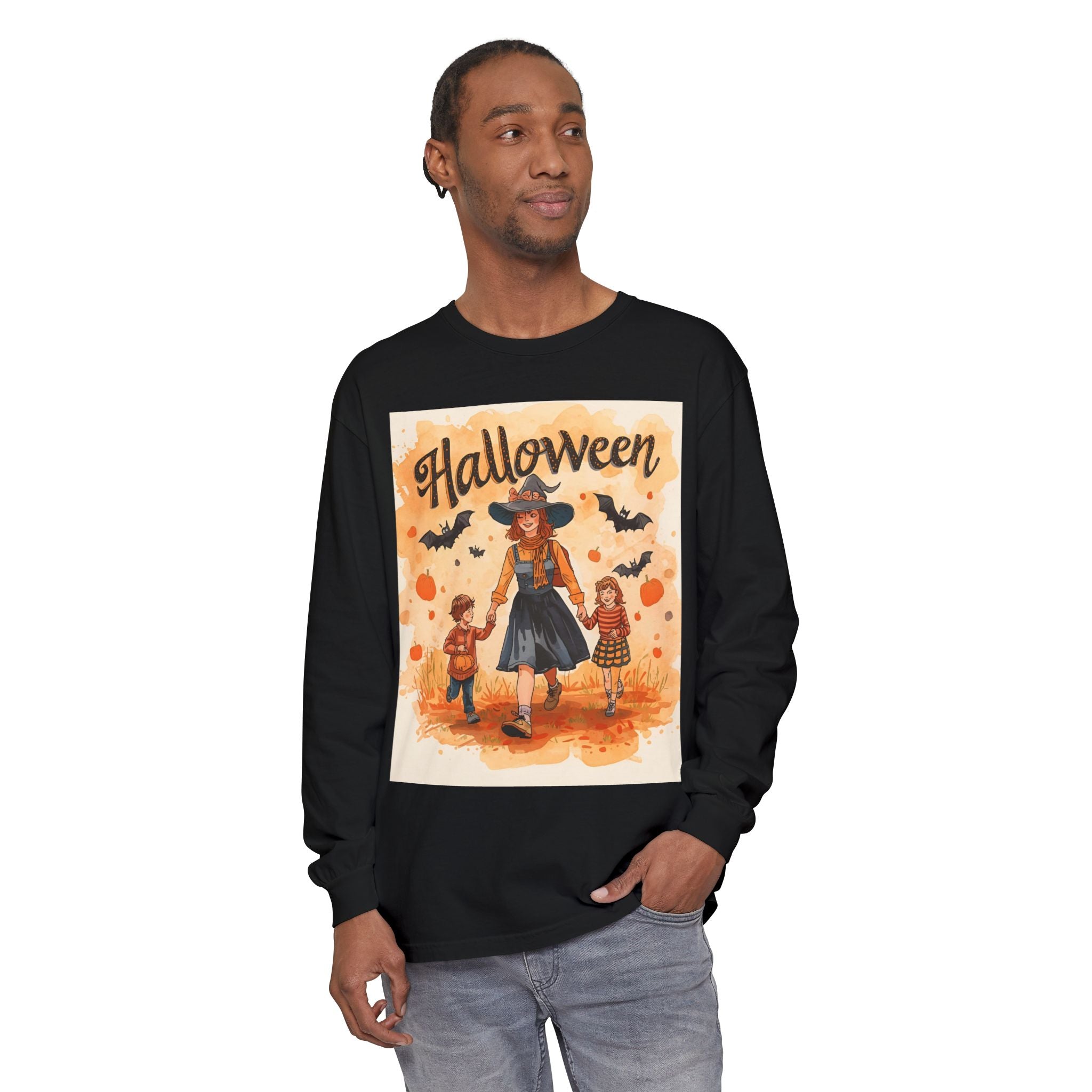 Halloween Themed Mom And Children Unisex Garment-dyed Long Sleeve T-Shirt