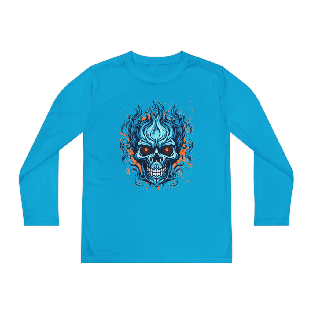 Skull Flame Youth Long Sleeve Skull Tee, Perfect for Halloween, Edgy Gift for Teens, Cozy Casual Wear, Skull Art Graphic Tee, Unique Birthday Present