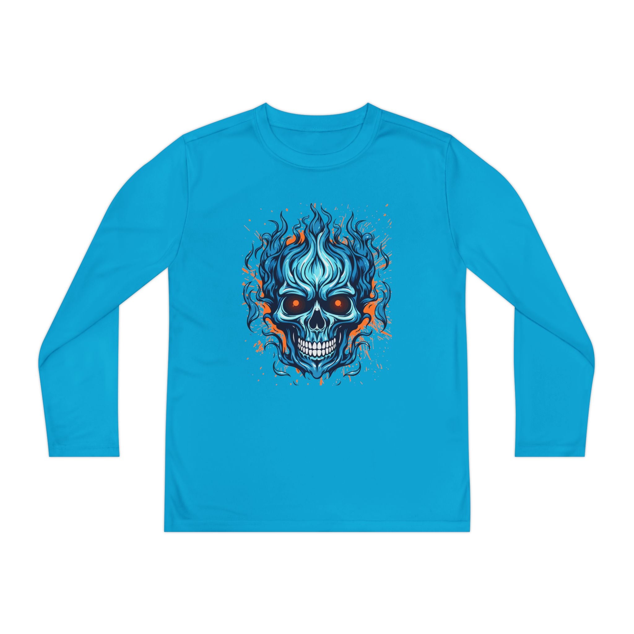 Skull Flame Youth Long Sleeve Skull Tee, Perfect for Halloween, Edgy Gift for Teens, Cozy Casual Wear, Skull Art Graphic Tee, Unique Birthday Present