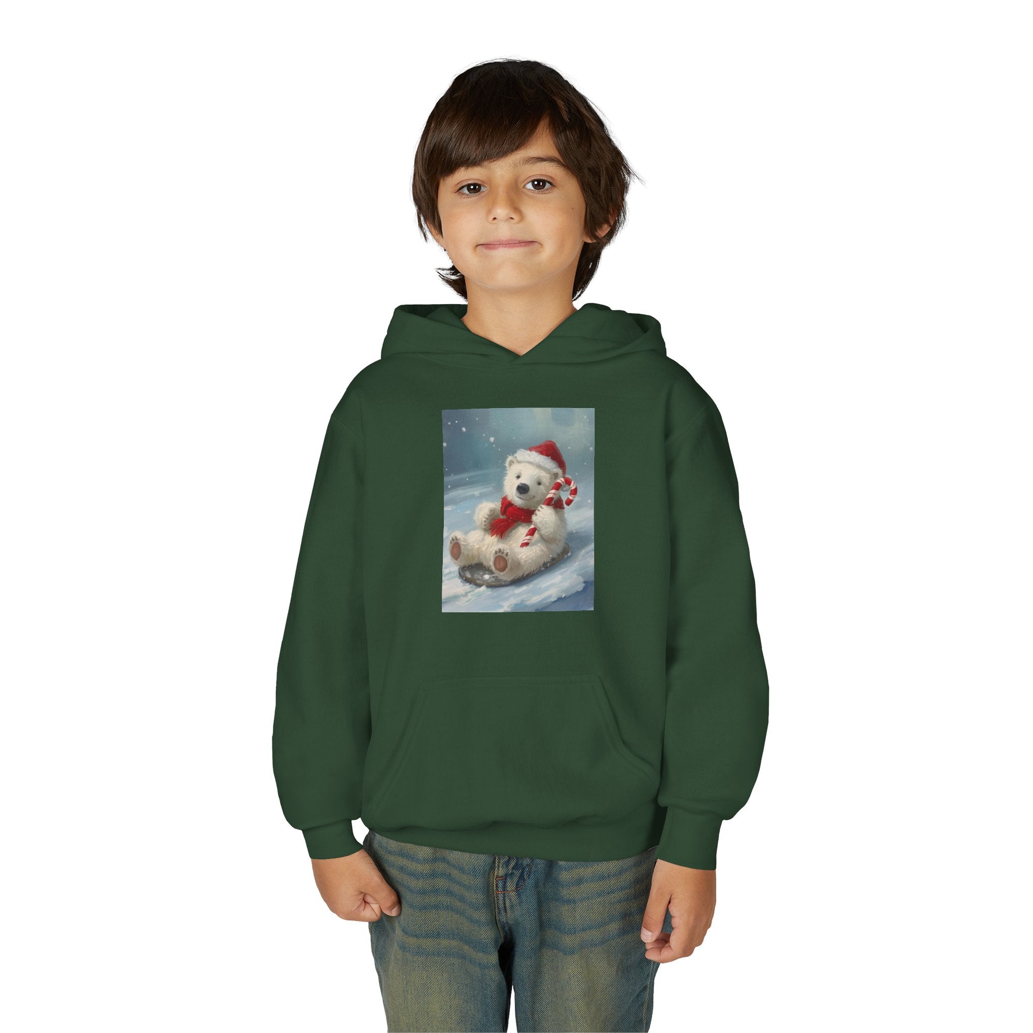 Cozy Christmas Bear Youth Hooded Sweatshirt, Winter Hoodie, Holiday Gift, Cute Sweatshirt for Kids, Festive Apparel