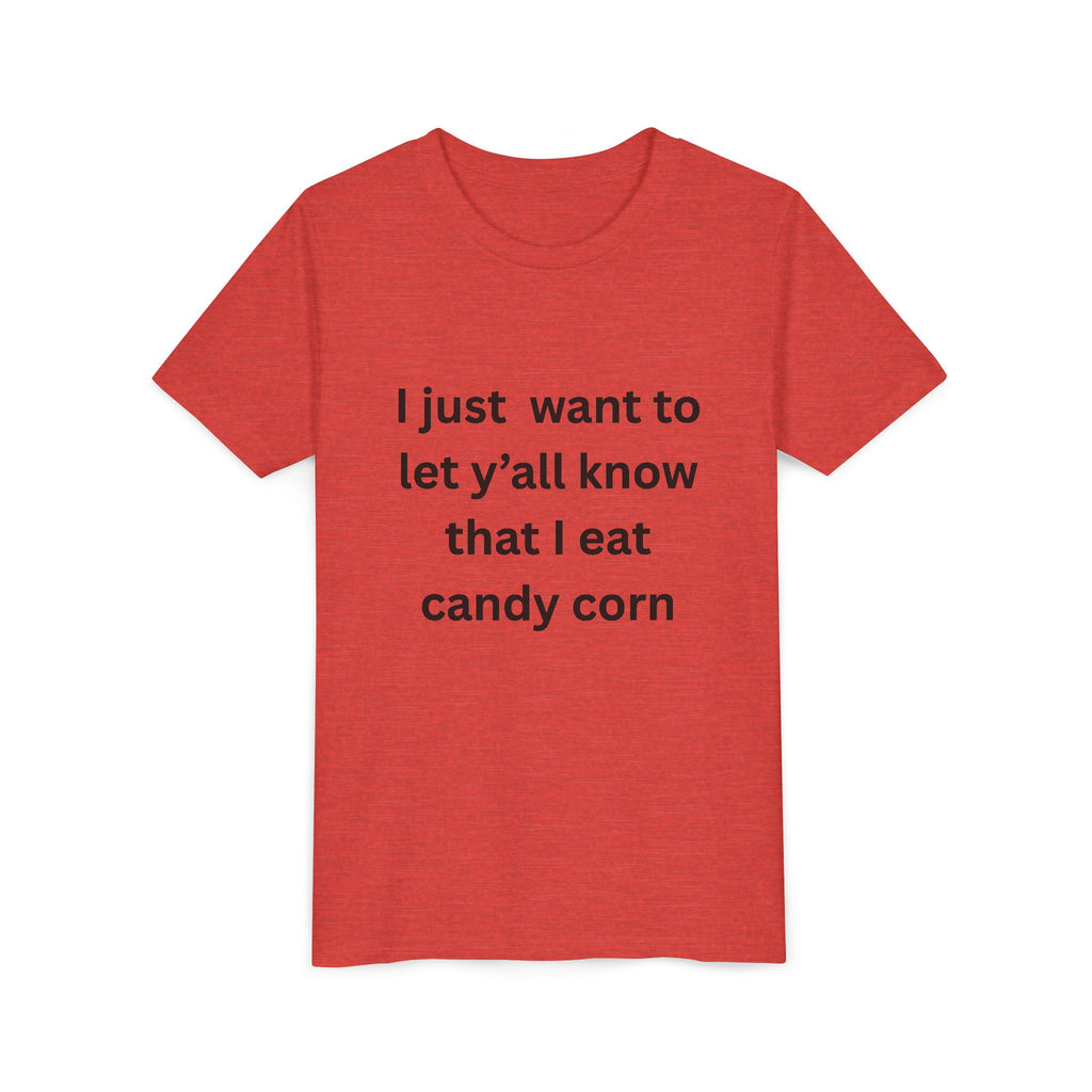 I Eat Candy Corn Youth Candy Corn Tee, Fun Halloween Shirt, Cute Short Sleeve Tee, Youth Graphic Top, Fall Celebration Apparel, Trick or Treat Shirt