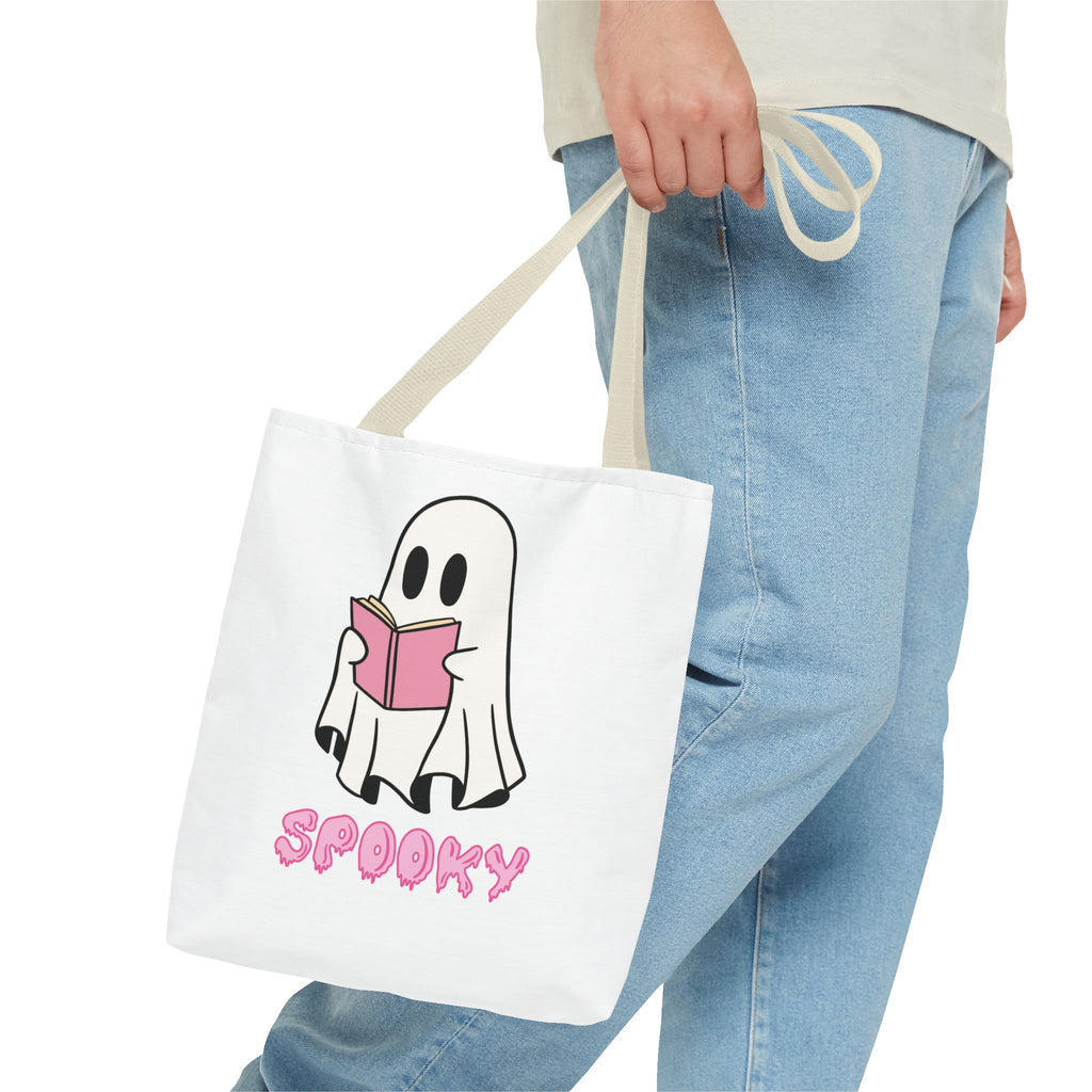 Spooky Ghost Reading Tote Bag | Halloween Accessory, Cute Book Lover Gift, Eco-Friendly, Shopping Bag, AOP Design
