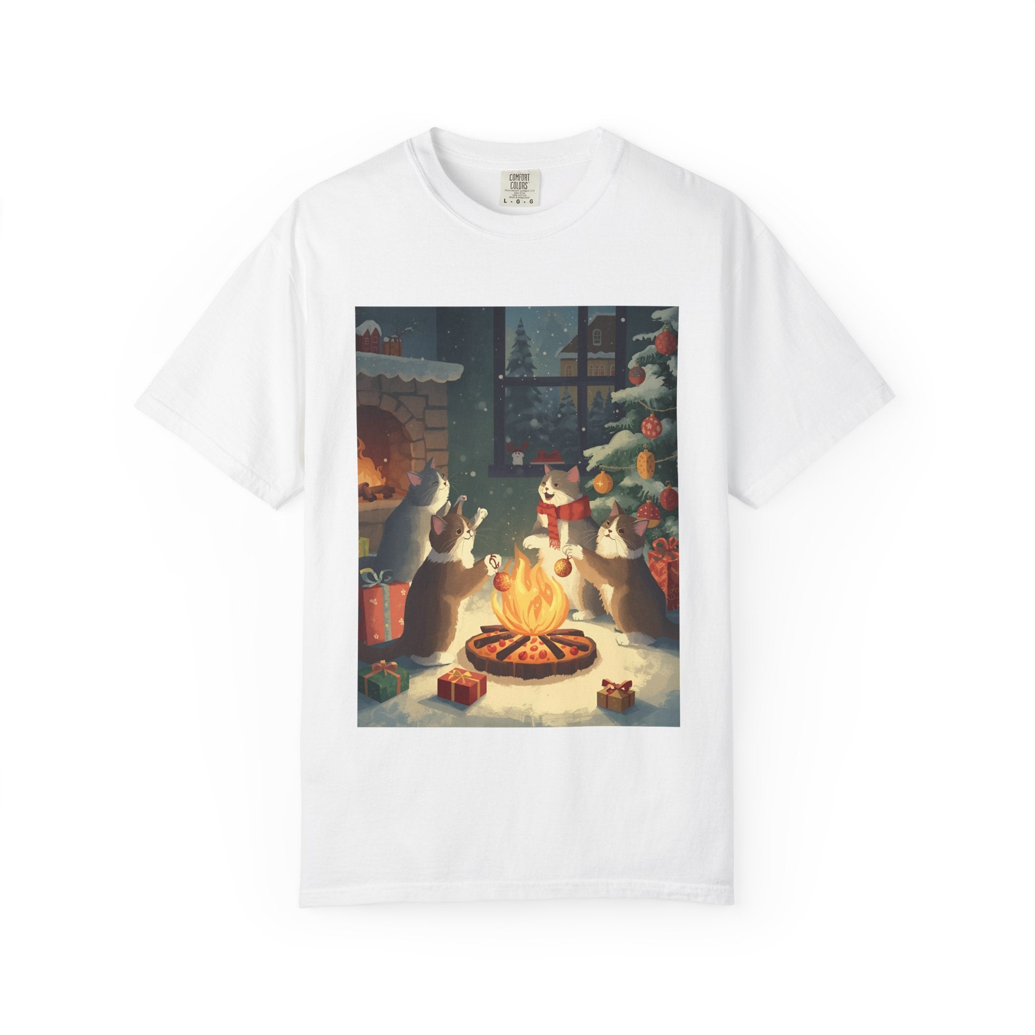 Cozy Cat Campfire T-shirt, Unisex Garment-Dyed Tee, Holiday Gift, Cat Lover Gift, Cute Winter T-shirt, Cozy Nightwear, Christmas Shirt