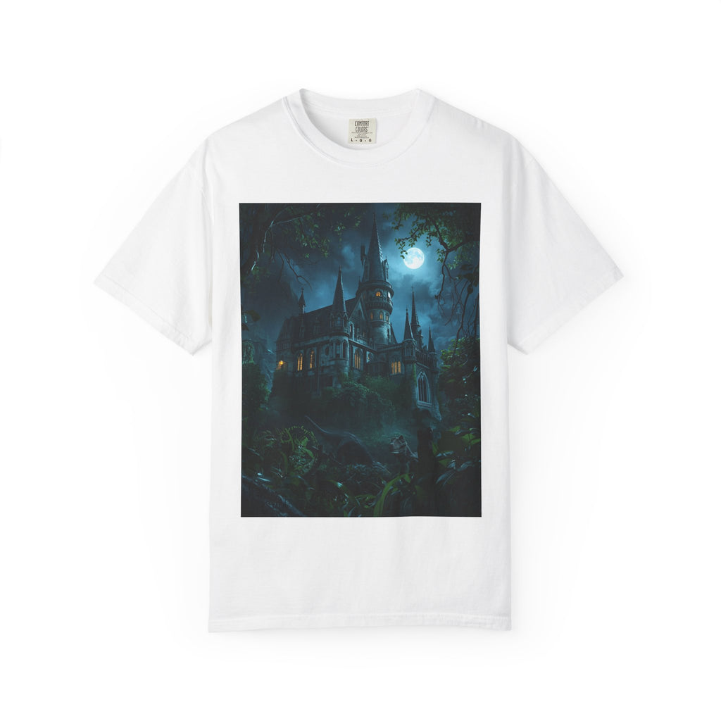 Mystical Night Scene Castle T-Shirt, Spooky Tees, Halloween Apparel, Gothic Style Shirt, Unisex Shirt, Nighttime Scene Tee