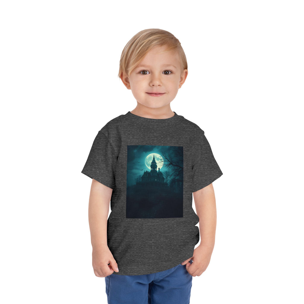 Haunted Moonlight Toddler Halloween Short Sleeve Tee, Ghostly Castle Shirt, Spooky Toddler Tee, Kids Halloween Costume Top, Fall Festivity Apparel