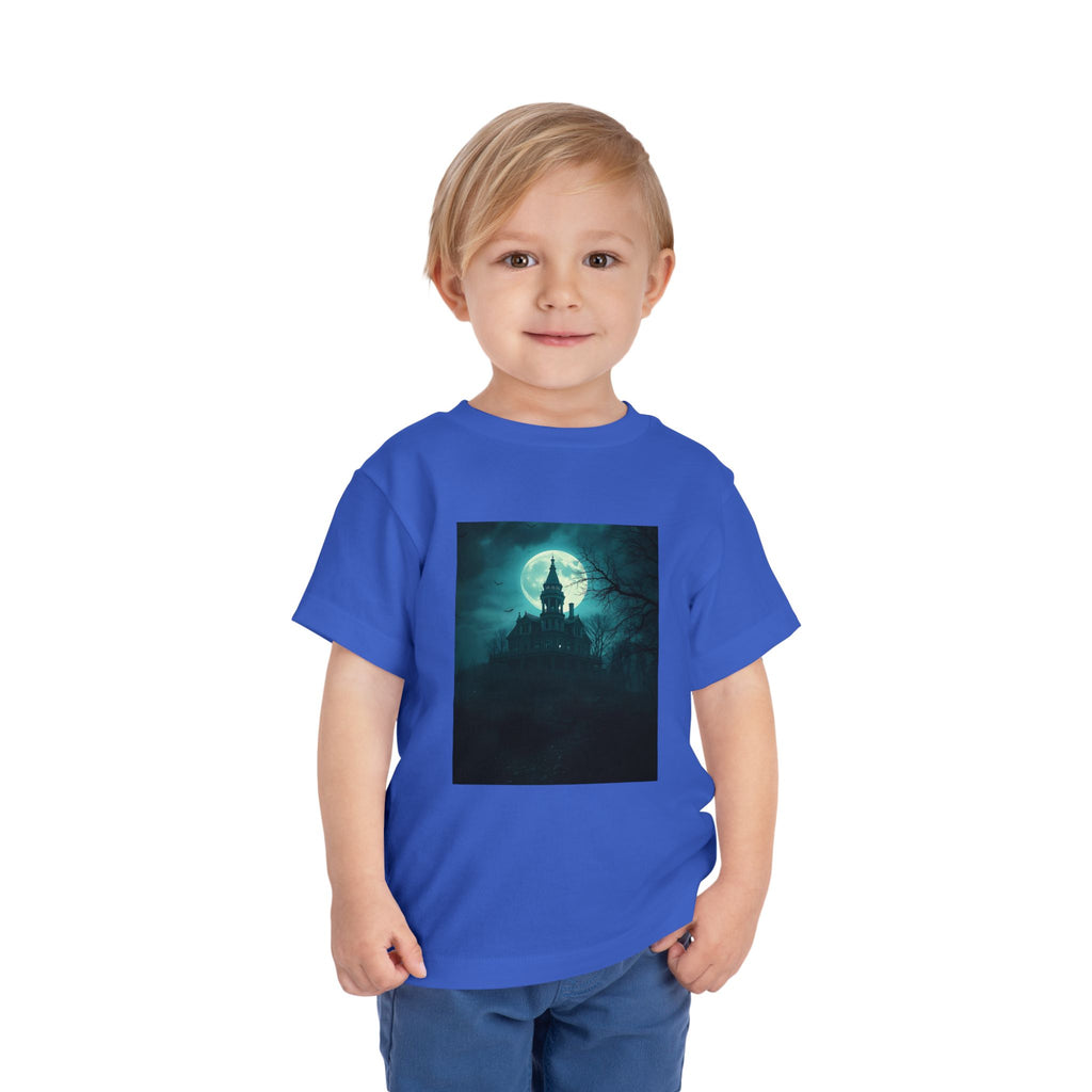 Haunted Moonlight Toddler Halloween Short Sleeve Tee, Ghostly Castle Shirt, Spooky Toddler Tee, Kids Halloween Costume Top, Fall Festivity Apparel