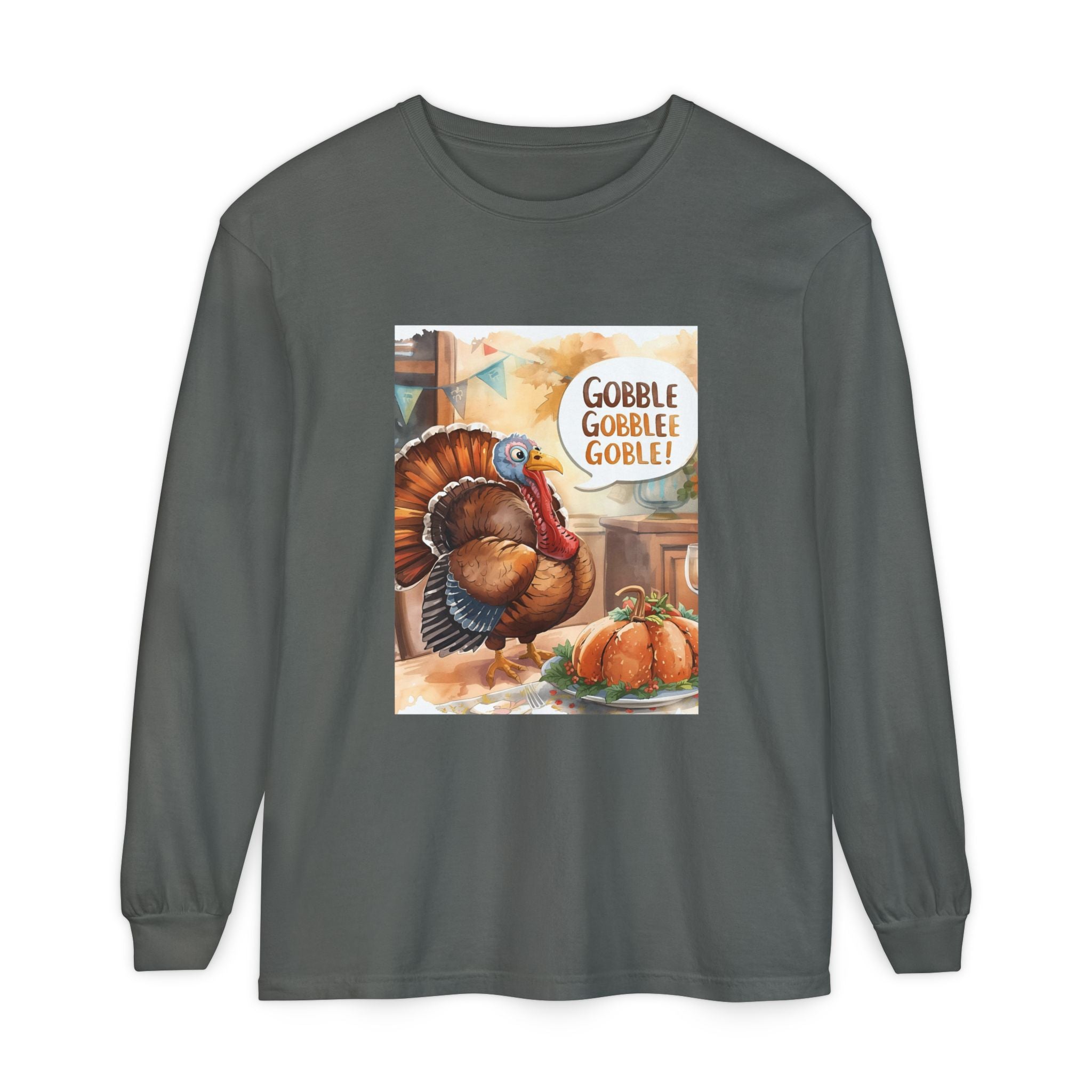 Thanksgiving Long Sleeve T-Shirt with Turkey Design, Fall Apparel, Holiday Gift, Family Gathering Shirt, Gobble Gobble Tee