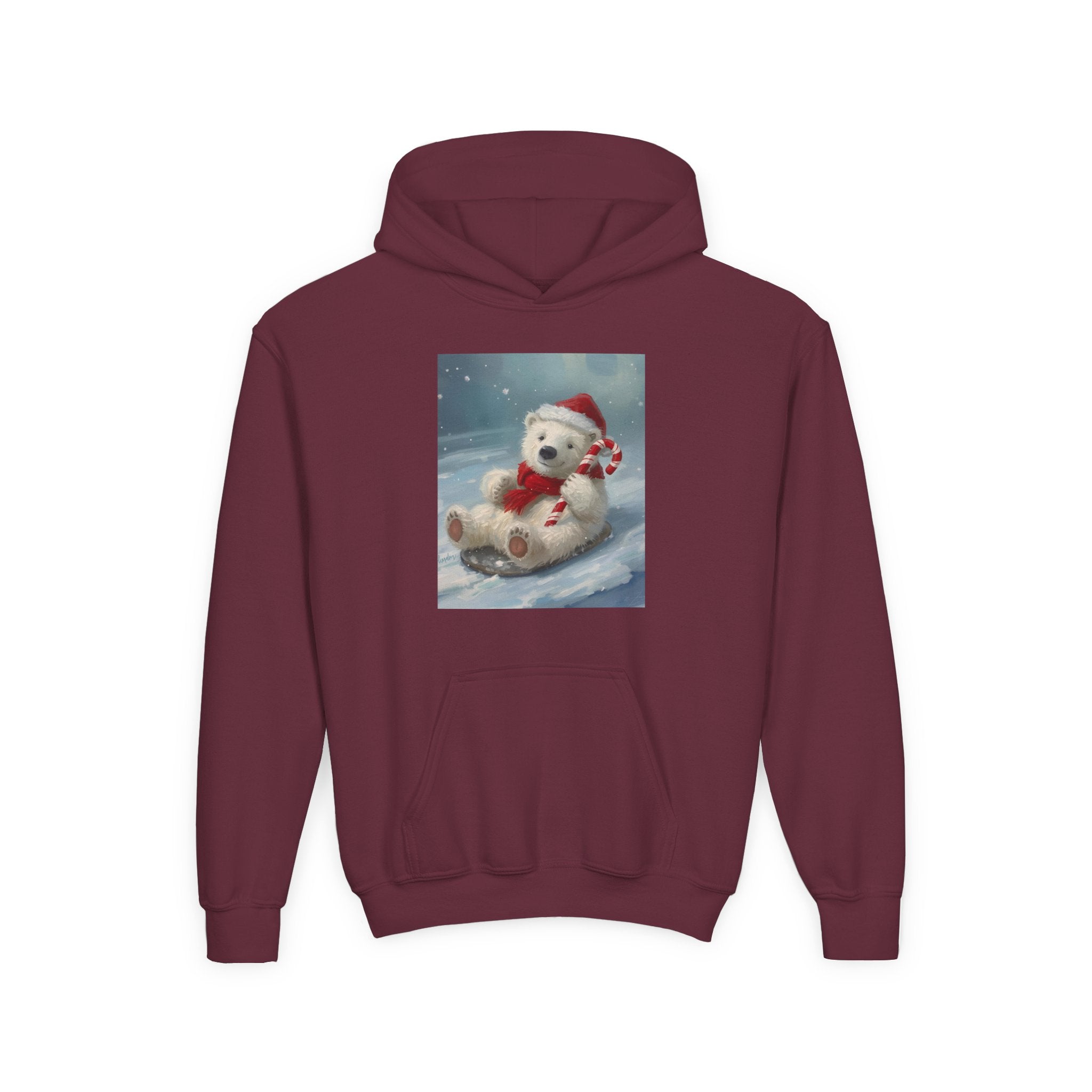 Cozy Christmas Bear Youth Hooded Sweatshirt, Winter Hoodie, Holiday Gift, Cute Sweatshirt for Kids, Festive Apparel