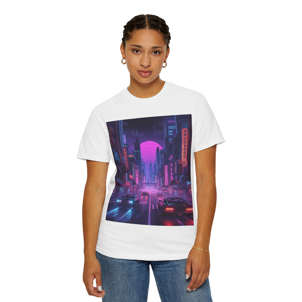 Futuristic Neon Cityscape T-Shirt, Retro Graphic Tee, Unisex Streetwear, Urban Vibe Shirt, Gift for Gamers, Summer Outfit