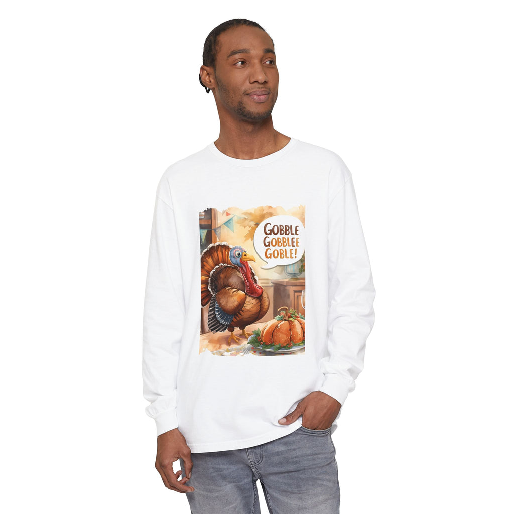 Thanksgiving Long Sleeve T-Shirt with Turkey Design, Fall Apparel, Holiday Gift, Family Gathering Shirt, Gobble Gobble Tee