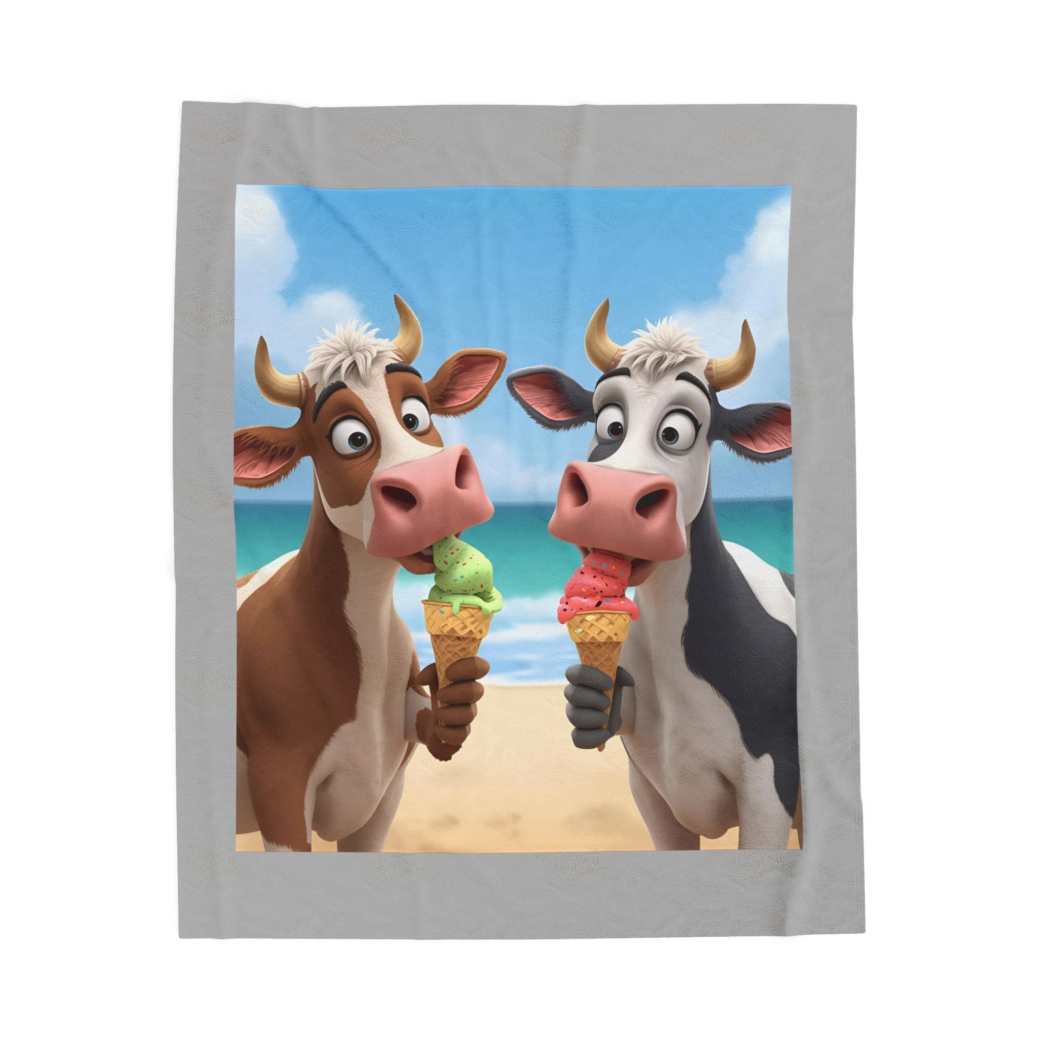 Cute Cow Ice Cream Velveteen Plush Blanket, Cozy Throw for Kids, Nursery Decor, Gift for Cow Lovers, Summer Vibes