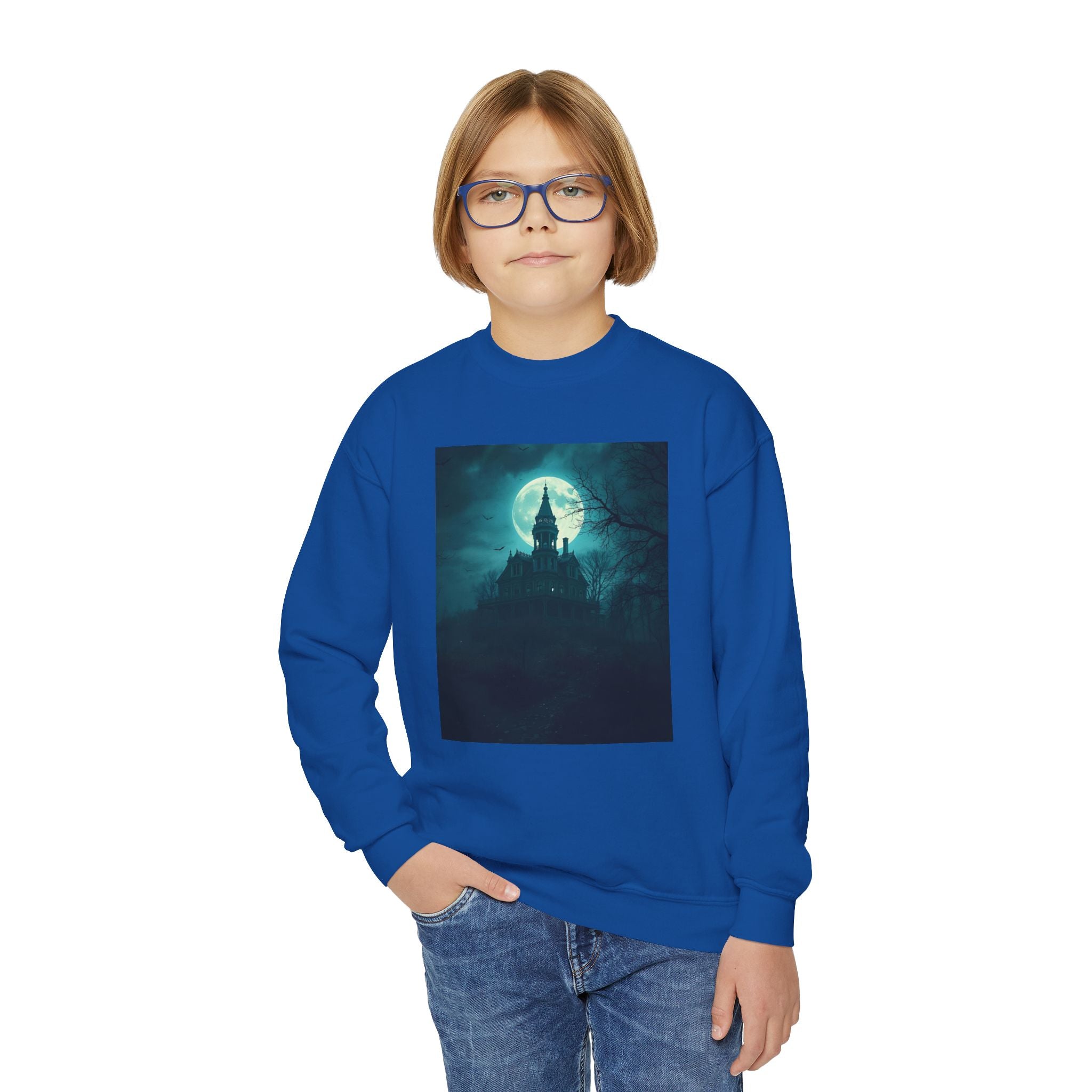 Haunted Moonlight Spooky Castle Youth Crewneck Sweatshirt | Halloween Gift, Cozy Sweatshirt for Kids, Unique Graphic Sweatshirt, Autumn Wardrobe Essential