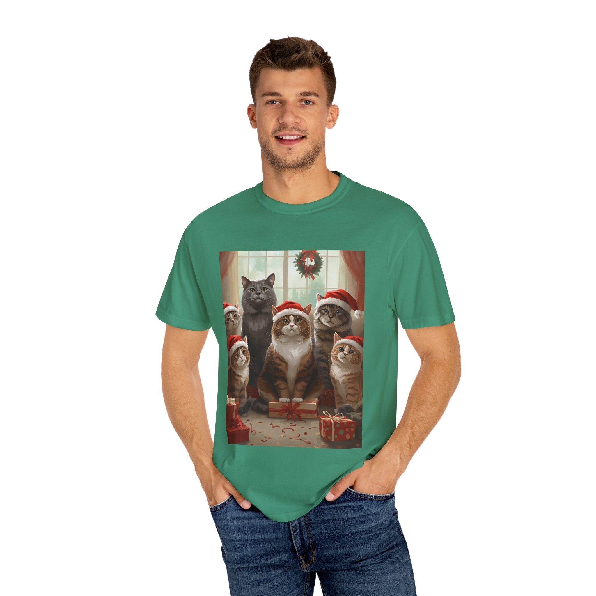 Cute Festive Funny Christmas Cat T-Shirt, Holiday Gift for Cat Lovers, Cute Tee for Winter, Unisex Garment-Dyed Shirt, Christmas Apparel, Festive Outfit