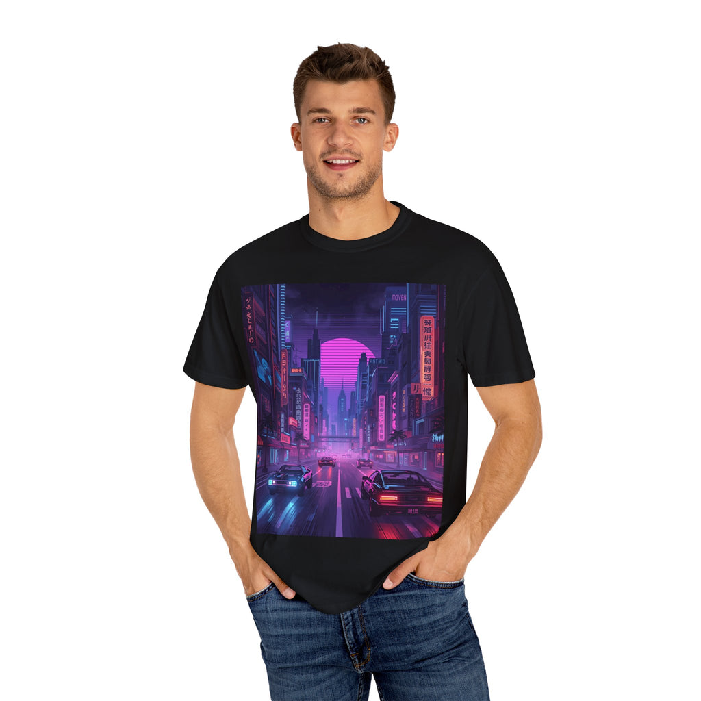 Futuristic Neon Cityscape T-Shirt, Retro Graphic Tee, Unisex Streetwear, Urban Vibe Shirt, Gift for Gamers, Summer Outfit