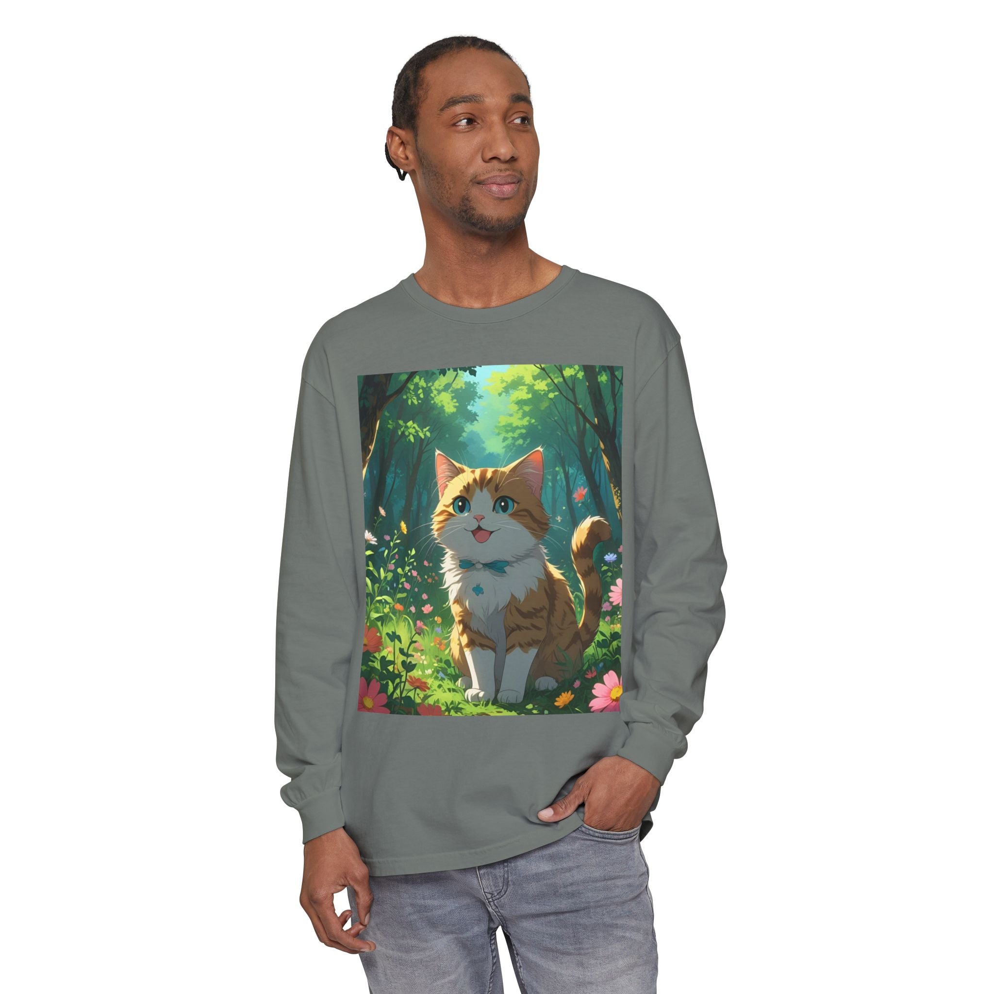 Whimsical Cat In Forest Long Sleeve T-Shirt - Perfect for Cat Lovers, Nature Enthusiasts, Gifts, Cozy Wear, Everyday Style