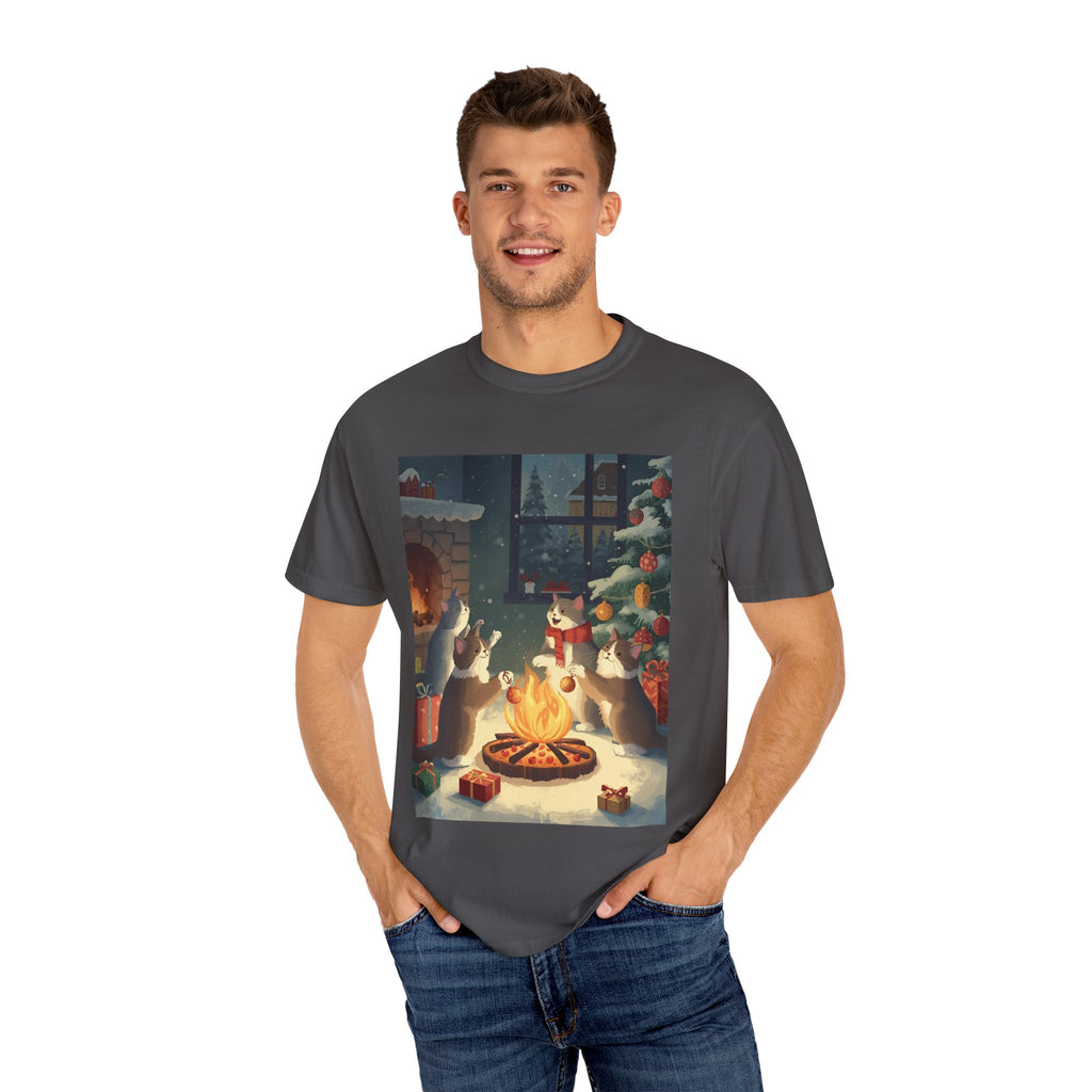 Cozy Winter Cat T-shirt, Unisex Garment-Dyed Shirt, Holiday Gift, Christmas Apparel, Cat Lover Tee, Festive Casual Wear